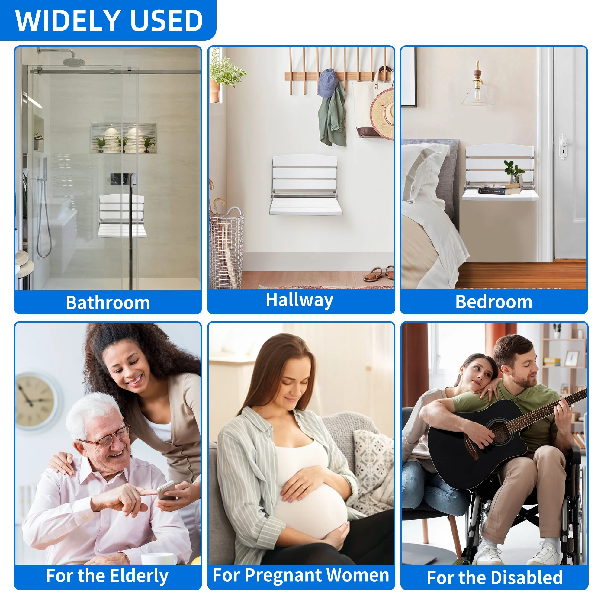 Dextrus Folding Wall Mount Shower Bench Seat, Folding Shower Chair, Waterproof Shower Bench Versatile Seat - White