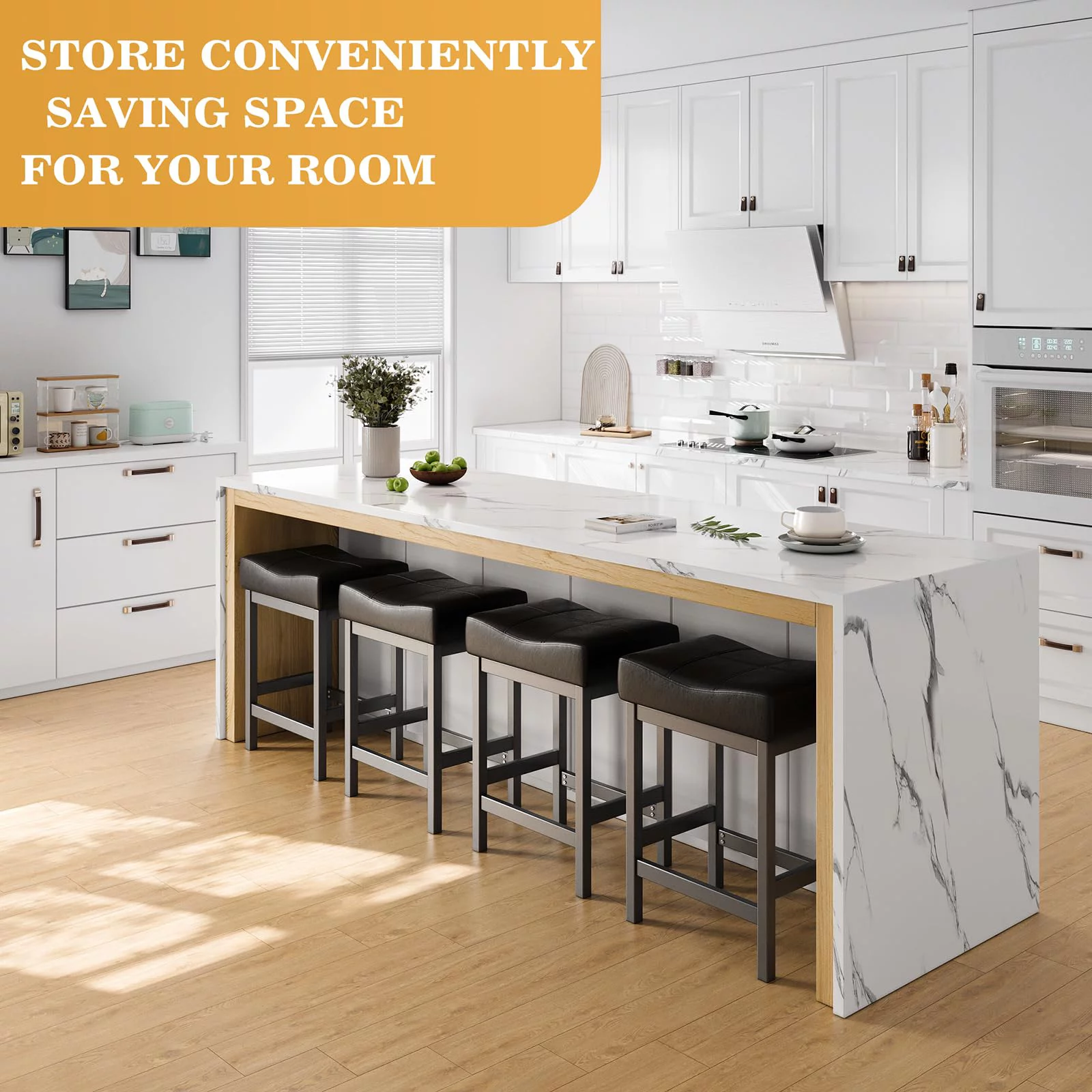 Relefree Bar Stools Set of 2, Counter Height Backless Saddle Stool, Bar Chairs Kitchen Stools with Footrest, Black