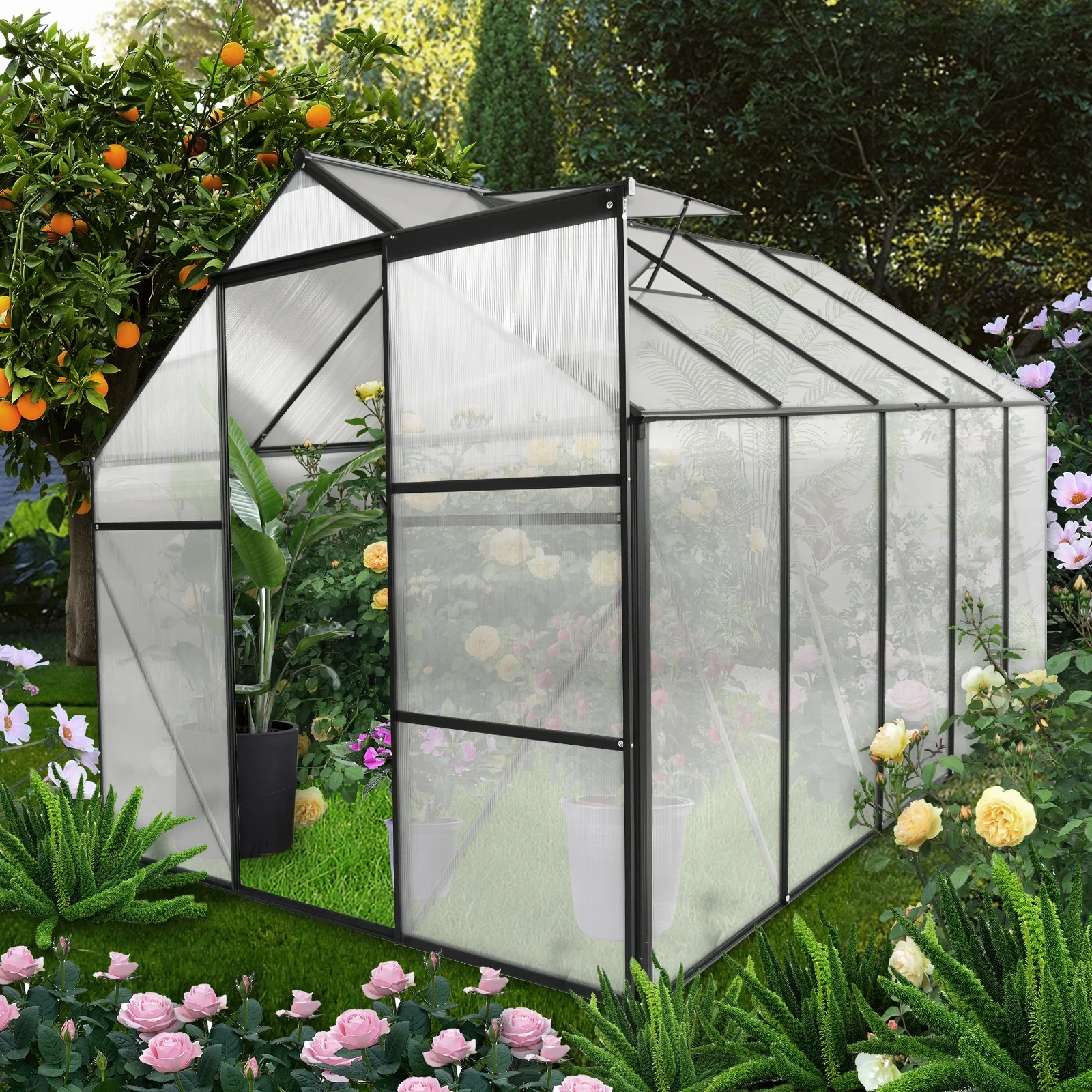 Homiyad 6X10 FT Polycarbonate Greenhouse Raised Base and Anchor Aluminum Heavy Duty Walk-In Greenhouses for Outdoor Backyard in All Season
