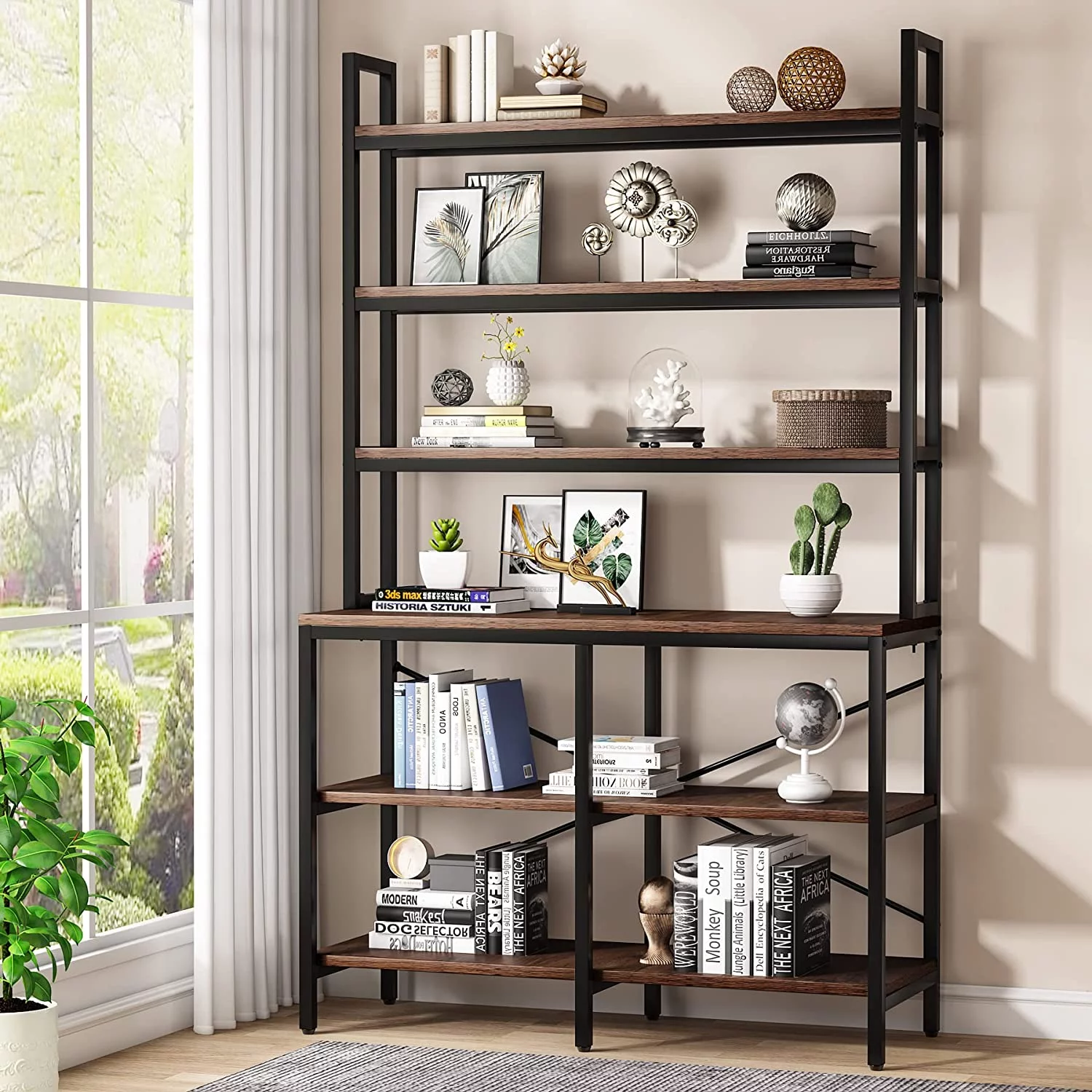 Tribesigns 6-Tier Bookshelf,Industrial Bookcase with Open Shelf,6 Shelf Storage Rack with X-Shaped Frame