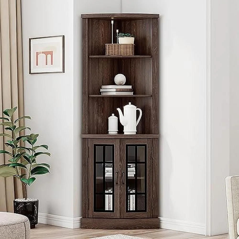 SJOINMB Curved Corner  Cabinet  65'' Tall Freestanding Bookcase with Glass Doors & Adjustable Shelves  5-Tier Corner Display Cabinet for Living Room  Espresso (CSC130B)