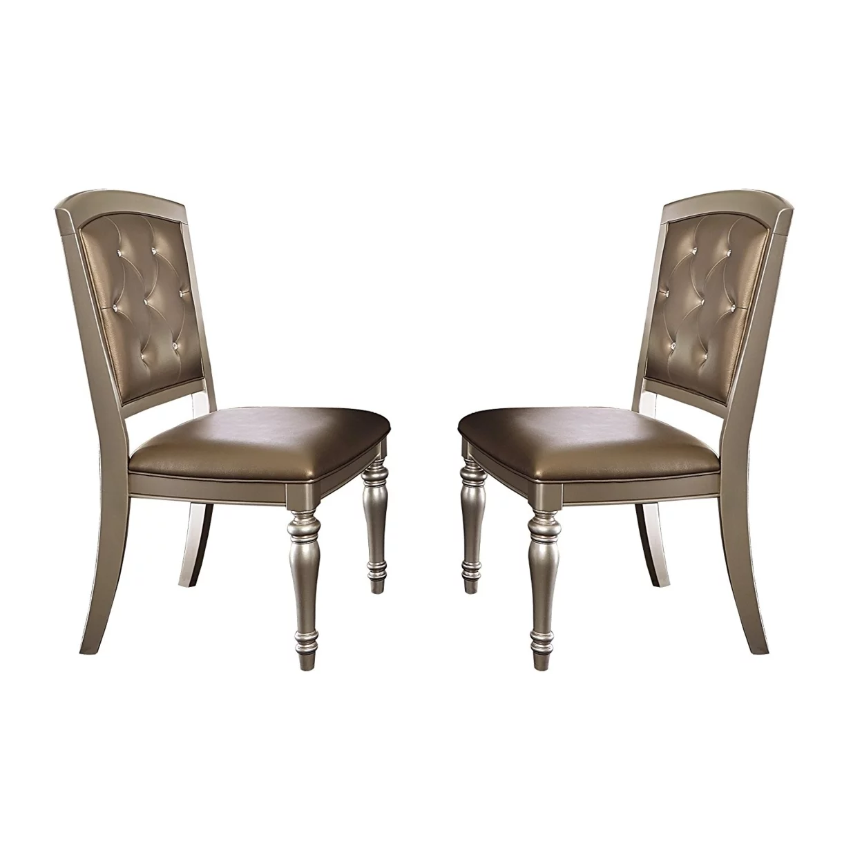 Benzara BM176310 Wood & Leather Dining Side Chair with Crystal Tufting - Silver, Set of 2
