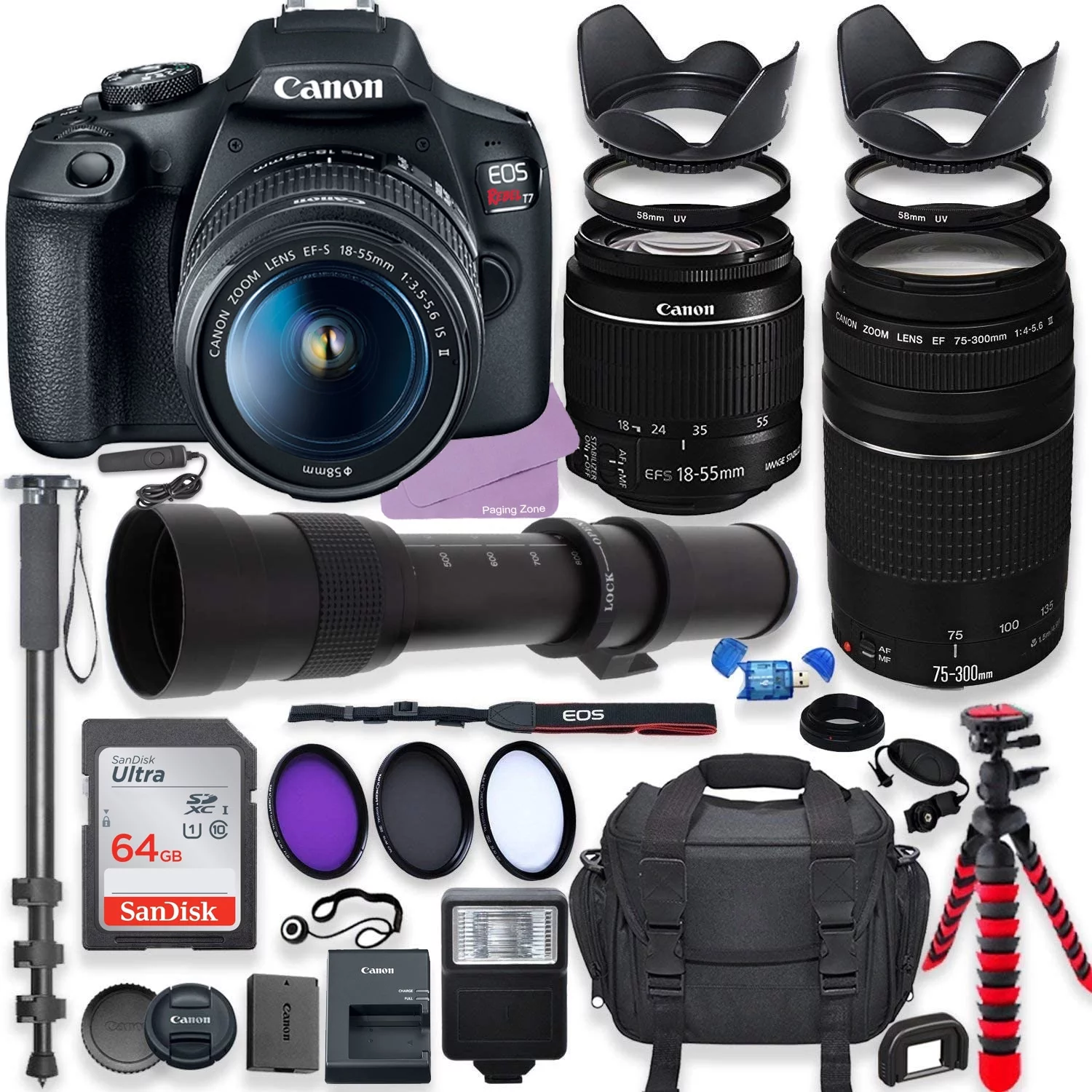 Canon EOS Rebel T7 DSLR Camera with 18-55mm IS II Lens & Canon EF 75-300mm III Lens Bundle + 420-800mm Telephoto Zoom Lens + 64GB Ultra Memory + Filters + Monopod + Professional Accessory Bundle