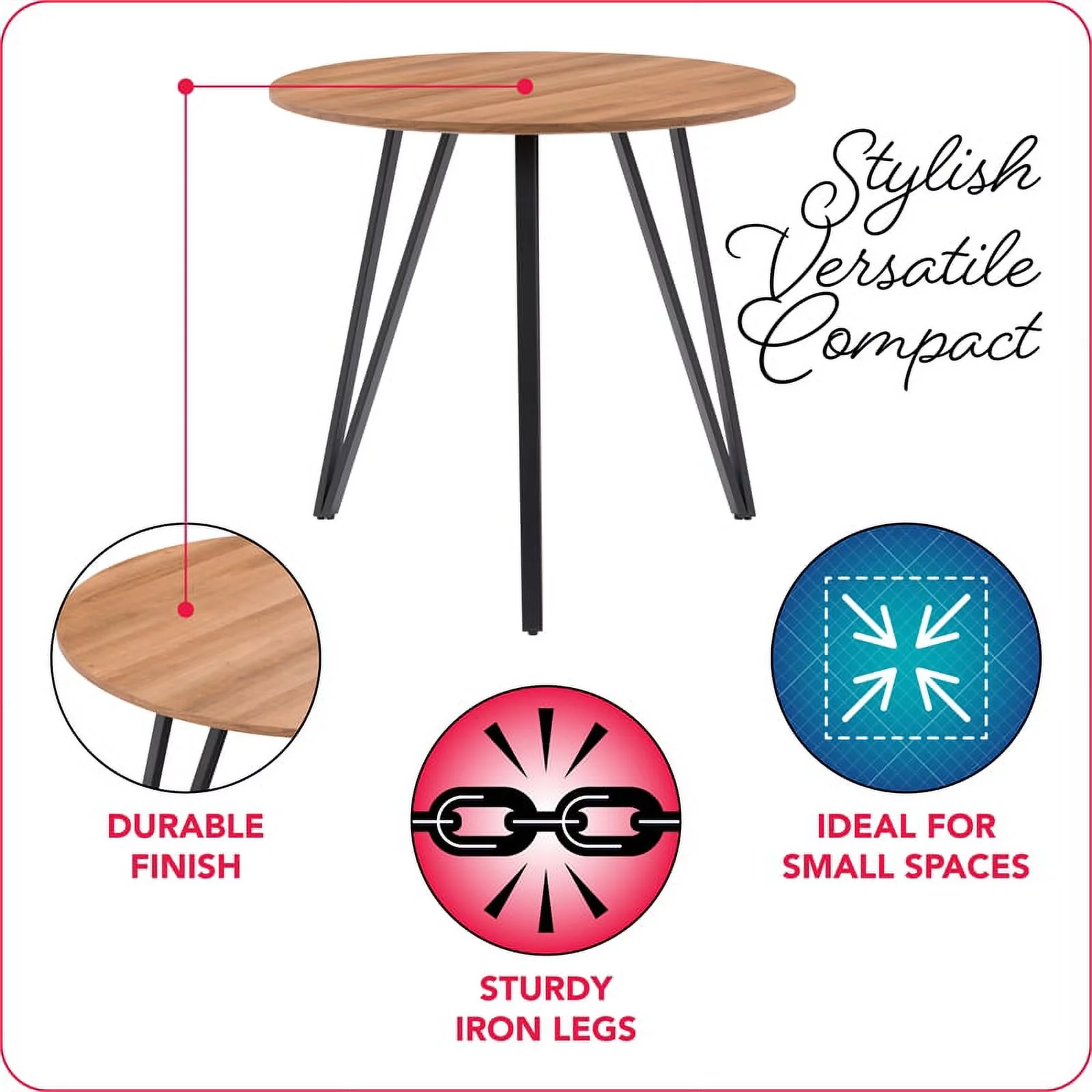 Pemberly Row Black Iron Leg Dining Table with Brown Wood Grain Top