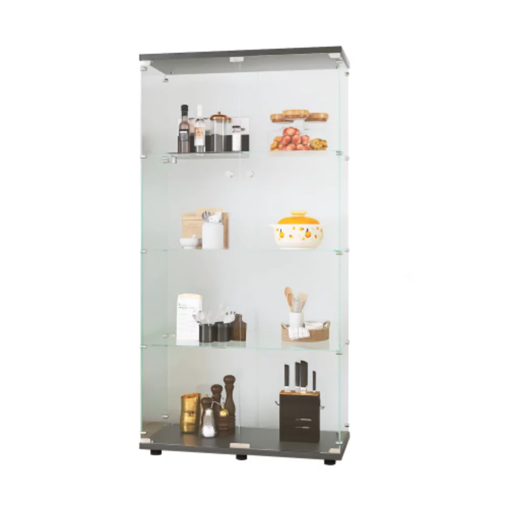 Two-door Glass Display Cabinet 4 Shelves with Door, Floor Standing Curio Bookshelf for Living Room Bedroom Office, 64.7
