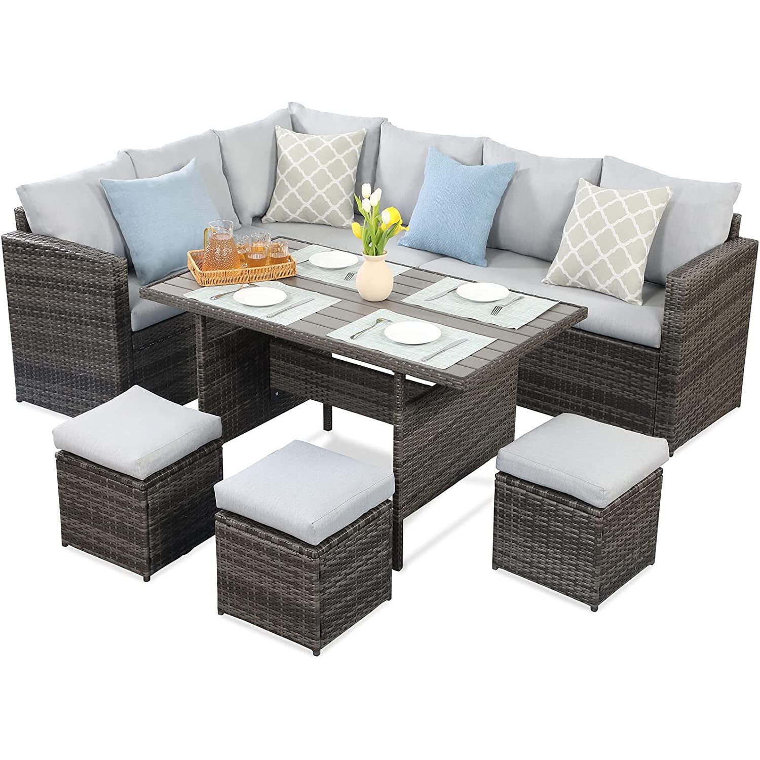 MOOOTTO 7-Pieces PE Rattan Wicker Patio Dining Sectional Cusions Sofa Set