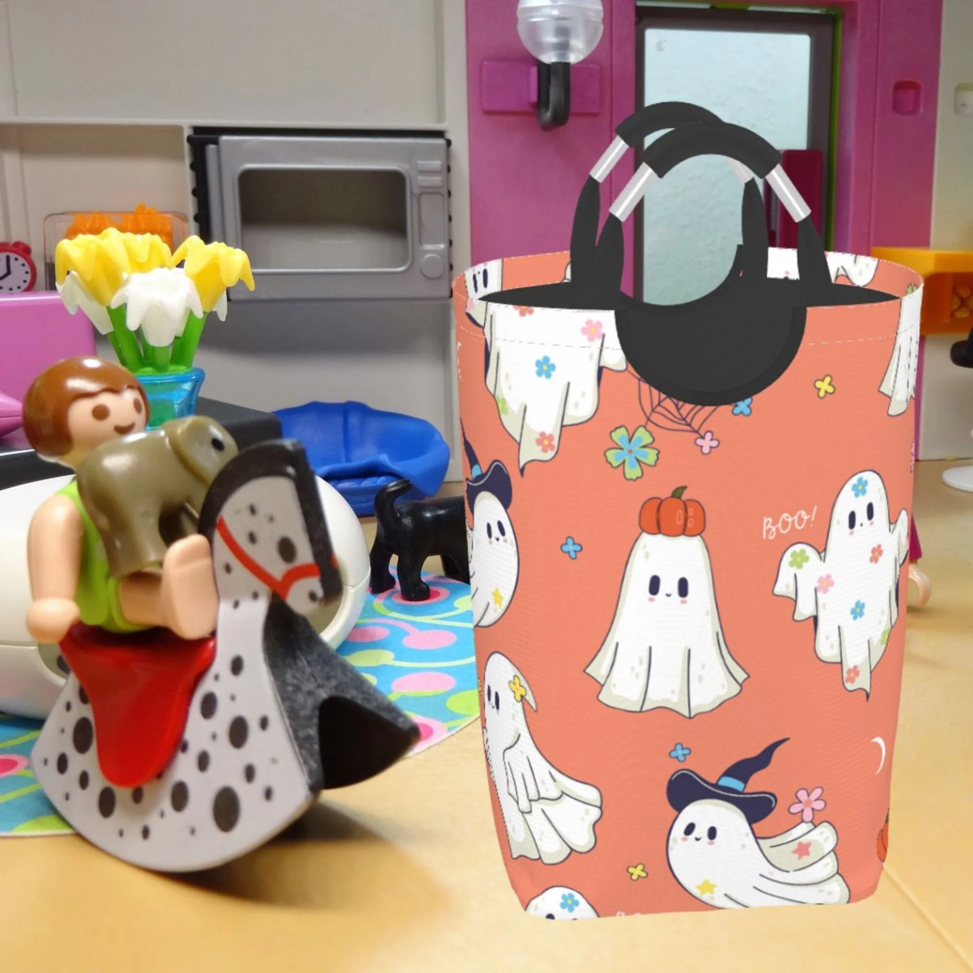 TEQUAN 50L Large Rectangular Laundry Hamper with Aluminum Handles, Magical Cute Happy Ghosts Prints Waterproof Foldable Dirty Clothes Basket