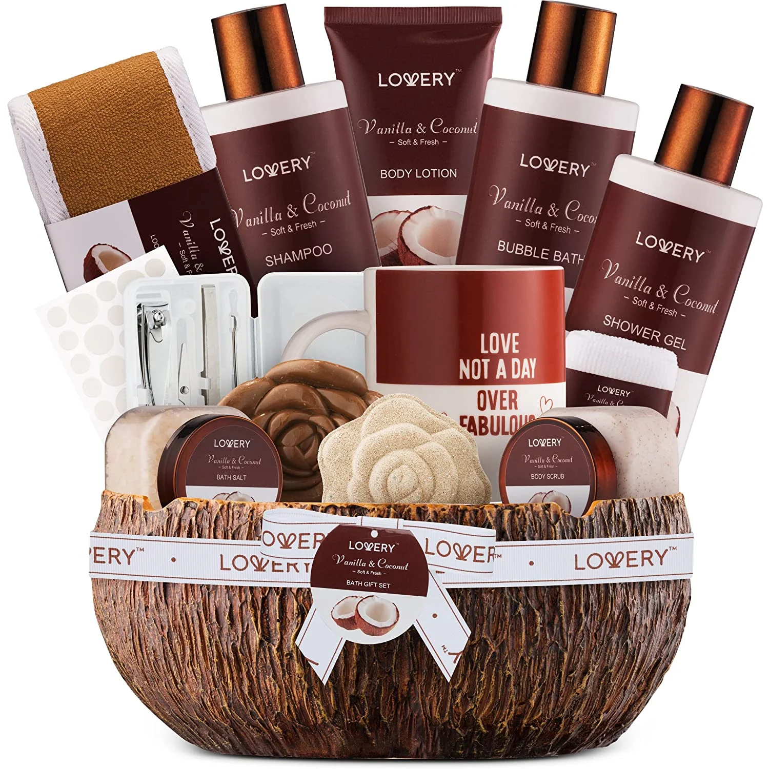 Mothers Day Mens Gifts, Coconut Bath Gift Set & Shower Gift Basket, Gifts for Dad, 20pc Spa Kit for Men. Personal Self Care Kit, Dad Birthday Gift, Best Office Gifts with Mug, Bath Bomb, Lotion & More