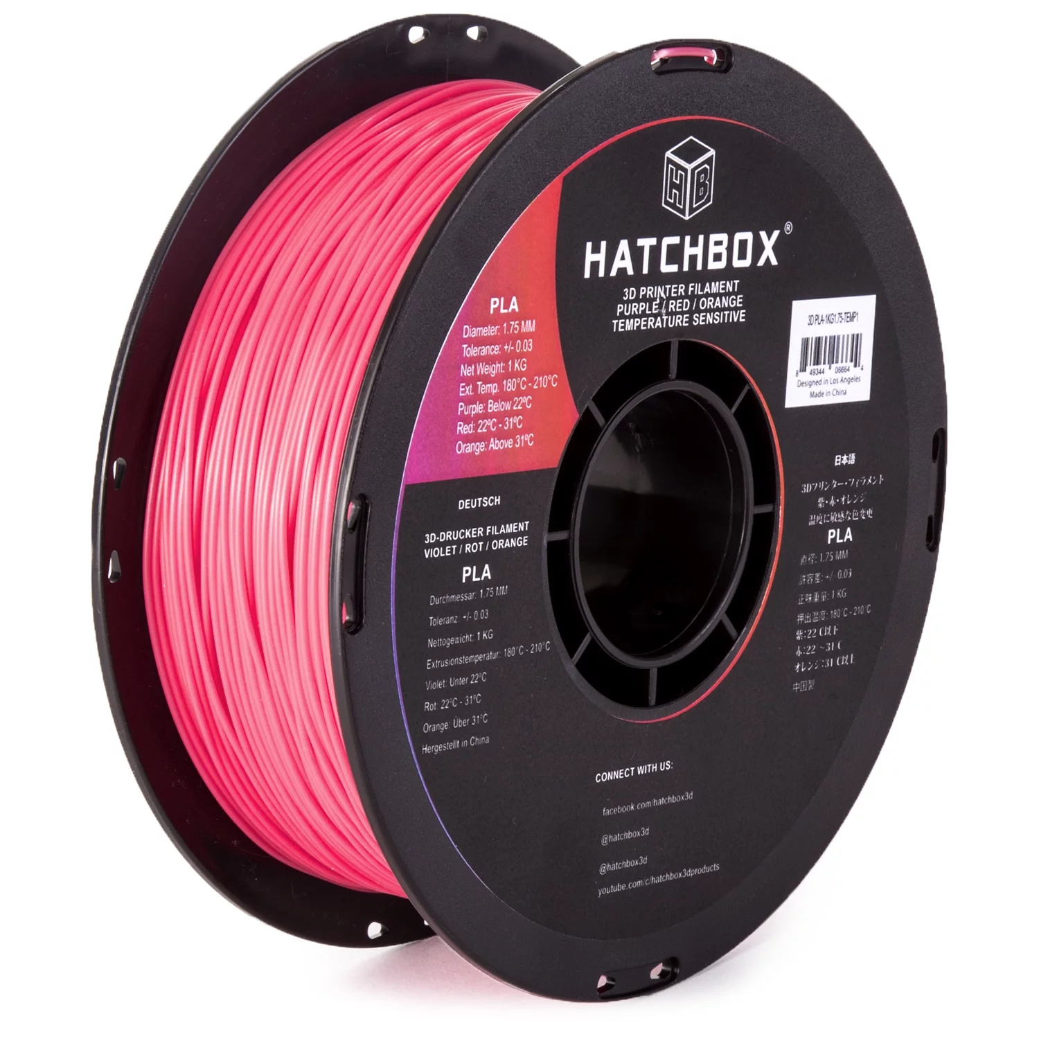 HATCHBOX 3D PLA-1KG1.75-TEMP1 Temperature Color Changing PLA 3D Printer Filament, Dimensional Accuracy +/- 0.03 mm, 1 kg Spool, 1.75 mm, Below 22C Purple / 22-31C Salmon Red / Above 31C Orange