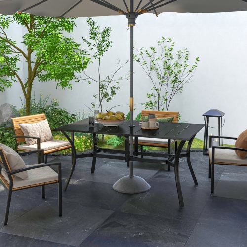 Buumin Outsunny Rectangle Outdoor Dining Table for 6 People, Steel Rectangular Patio Table with Umbrella Hole, Steel Frame for Garden, Balcony, Black
