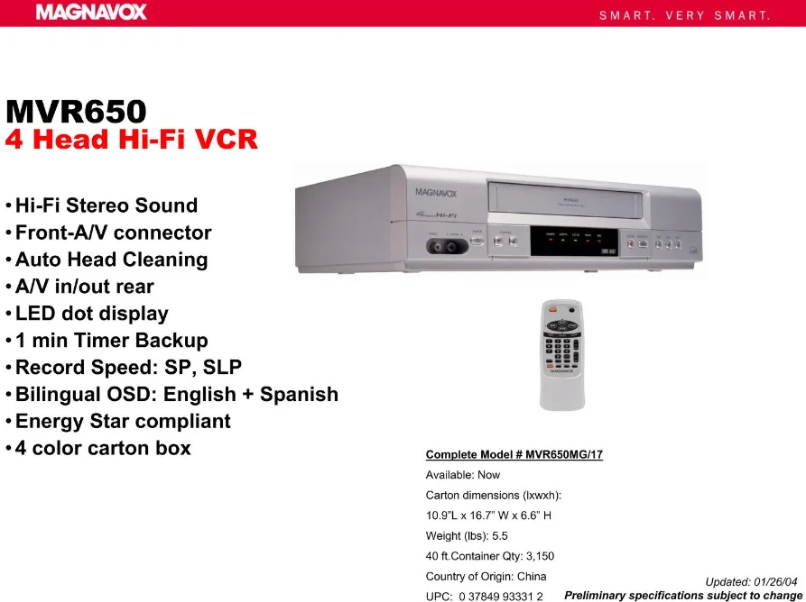 New Magnavox MVR650 4-Head Hi-Fi VHS VCR Player