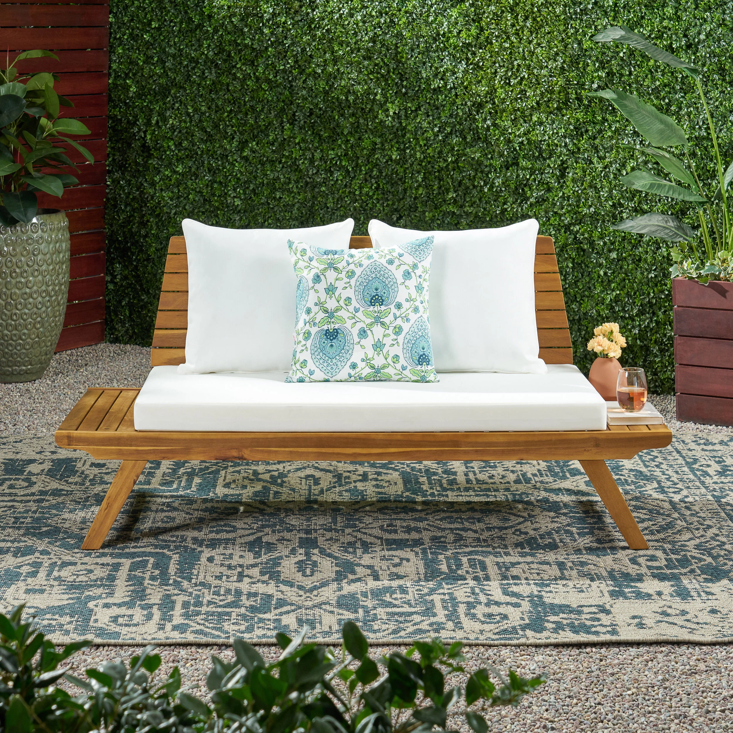 GDF Studio Bowie Outdoor Acacia Wood Loveseat with Cushions, White and Teak