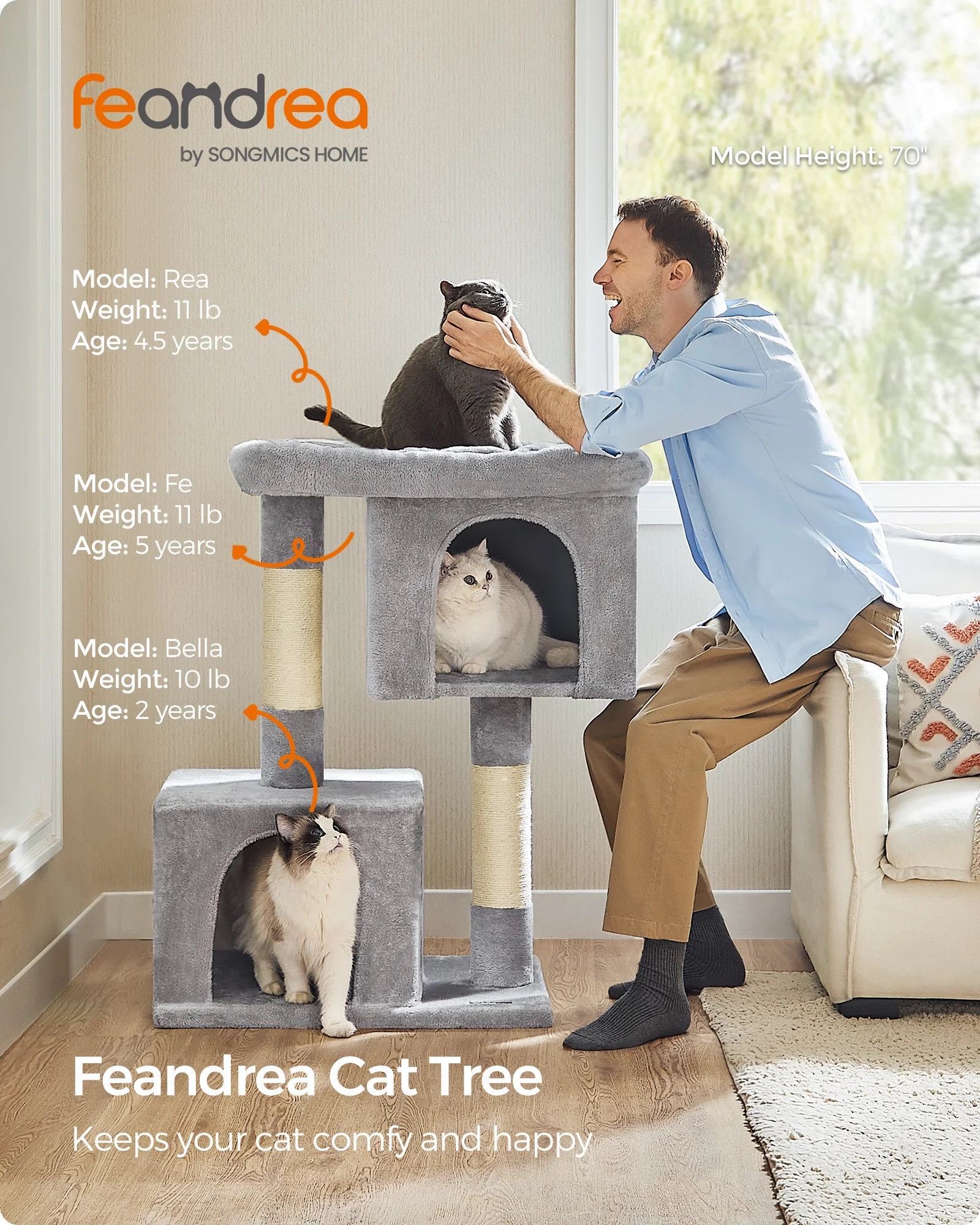 Feandrea Cat Tree 39.8-Inch XL Cat Tower for Extra Large Cats up to 44 lb, Cat Condo with Large Perch, 2 Cat Caves, Scratching Post, Light Gray