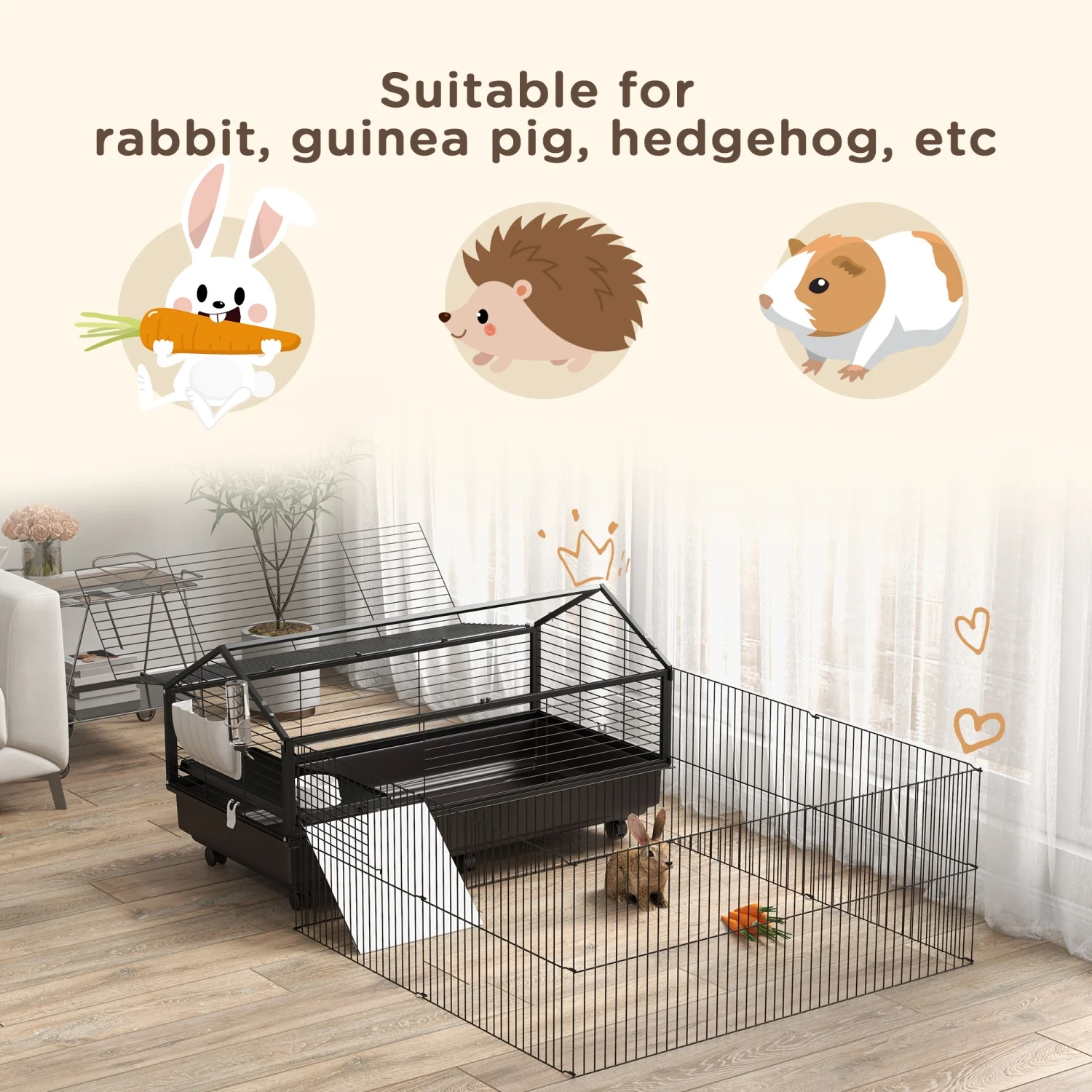 JHOOTUUO PawHut Small Animal Cage with Foldable Run Area  Rolling Bunny Cage  Guinea Pig Cage  Hedgehog Cage with Water Bottle  Water Bowl  and Ramps  46.5”