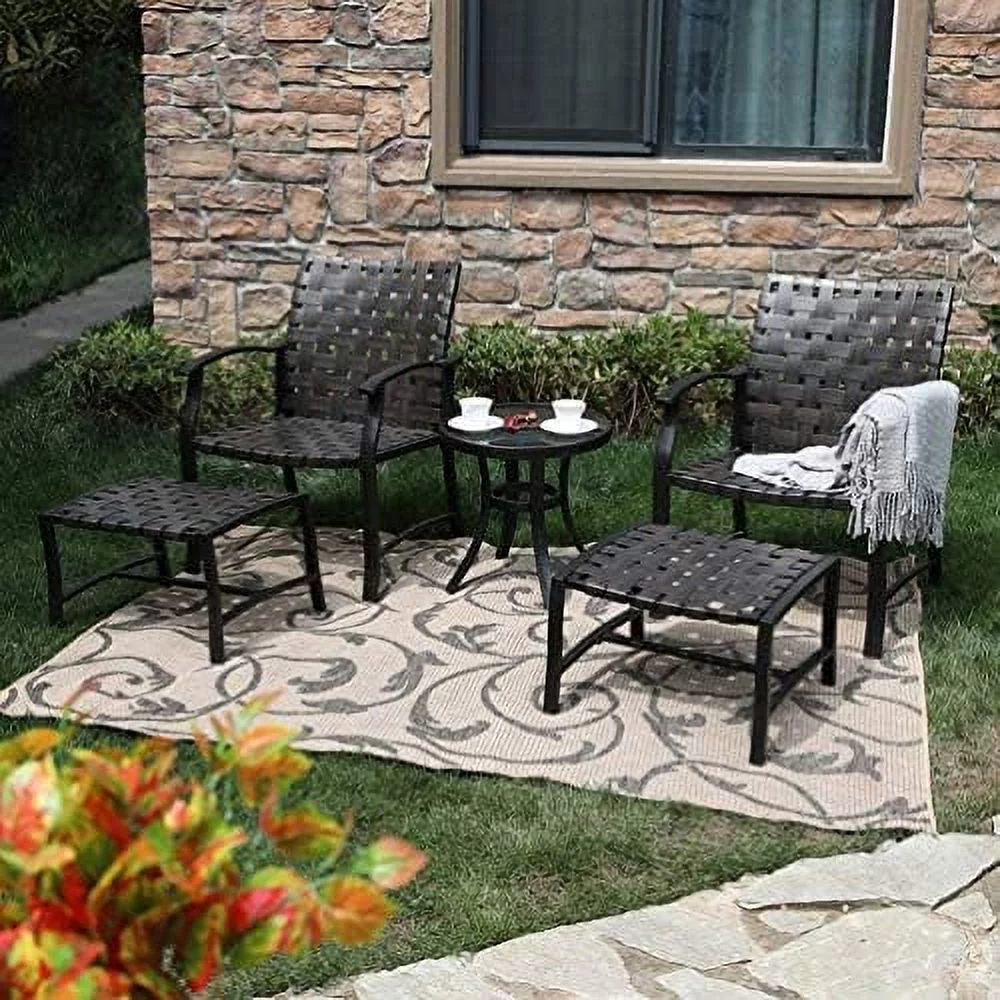 5Pcs Outdoor Patio Furniture Conversation Dining Set Strapping Chairs And Ottoman, Bistro Glass Coffee Table For Poolside Backyard Garden