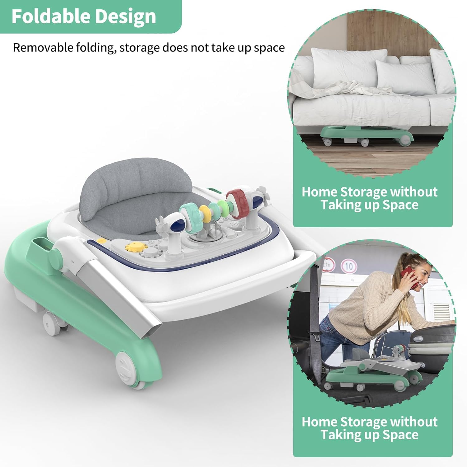 Foldable Baby Walker, Toddler Walker Bouncer, Learning-Seated, Music, Adjustable Height, High Back Padded Seat, Baby Walkers and Activity Center, Baby Walkers for Baby Boys and Baby Girls (Green)