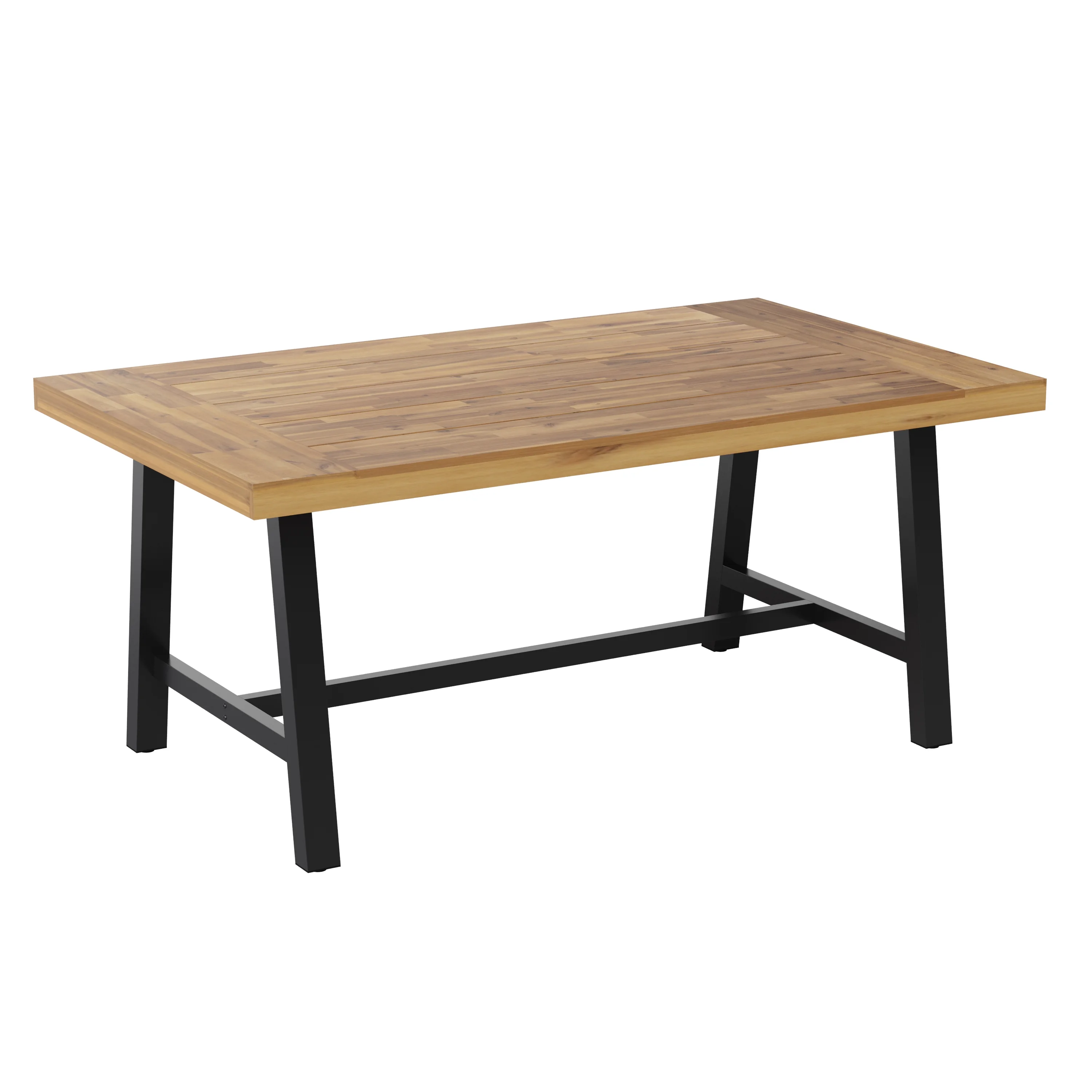 Emma + Oliver Natural Finish Solid Acacia Wood Dining Table with Black Metal Legs for Indoor and Outdoor Use