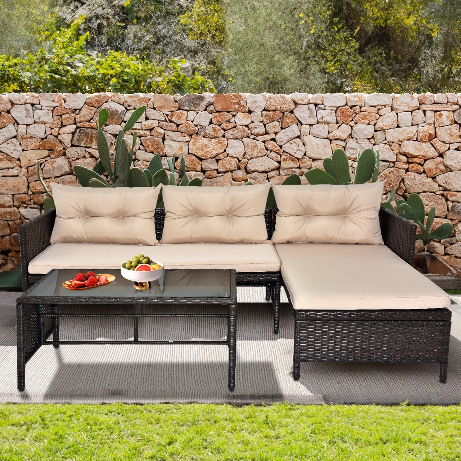 Ktaxon 3 Piece Wicker Chat Set, Outdoor Wicker Lounge Conversation Set with Glass Table and Thick Cushion