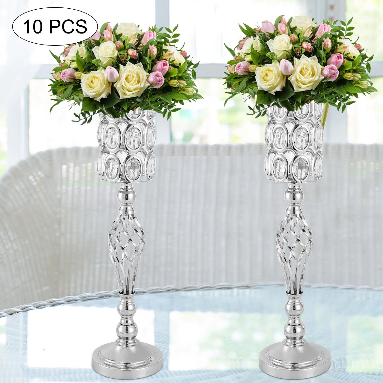 ZhdnBhnos 10 Pcs Silver Vases Metal Crystal Flower Vase Rack Wedding Table Centerpiece for Events, Reception, Ceremony, Party