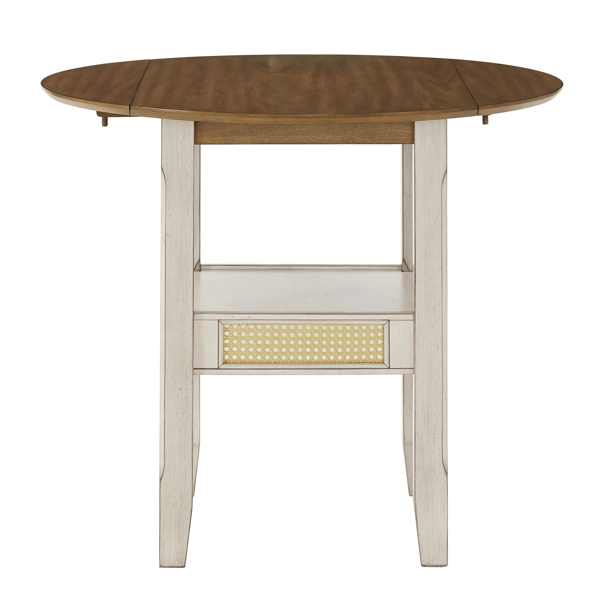 Weston Home Pulukan Cane Accent Round Dining Table with 2-Drop Leaves, Oak and Antique White Finish