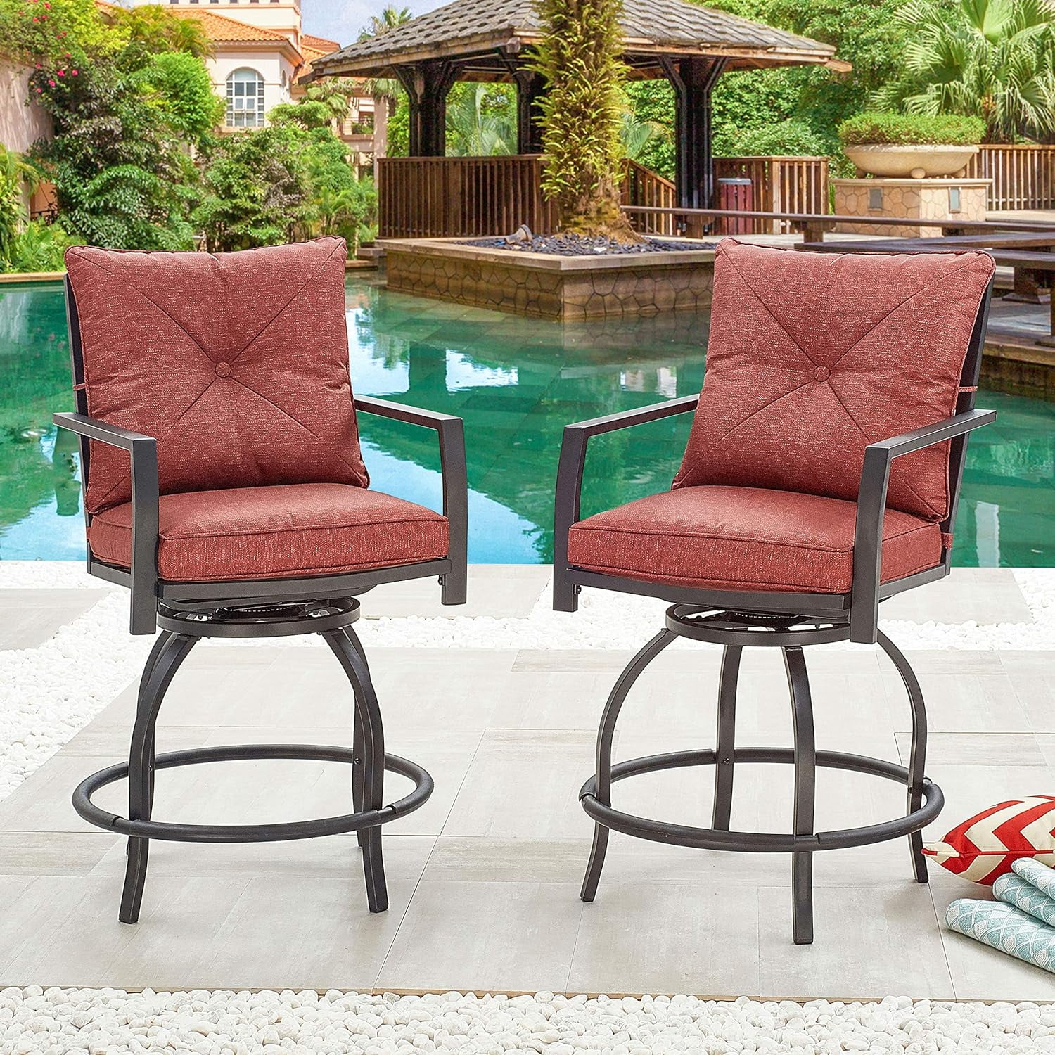 Patio Stools Outdoor Swivel Bar Height Chairs Set Of 2, Set, Red