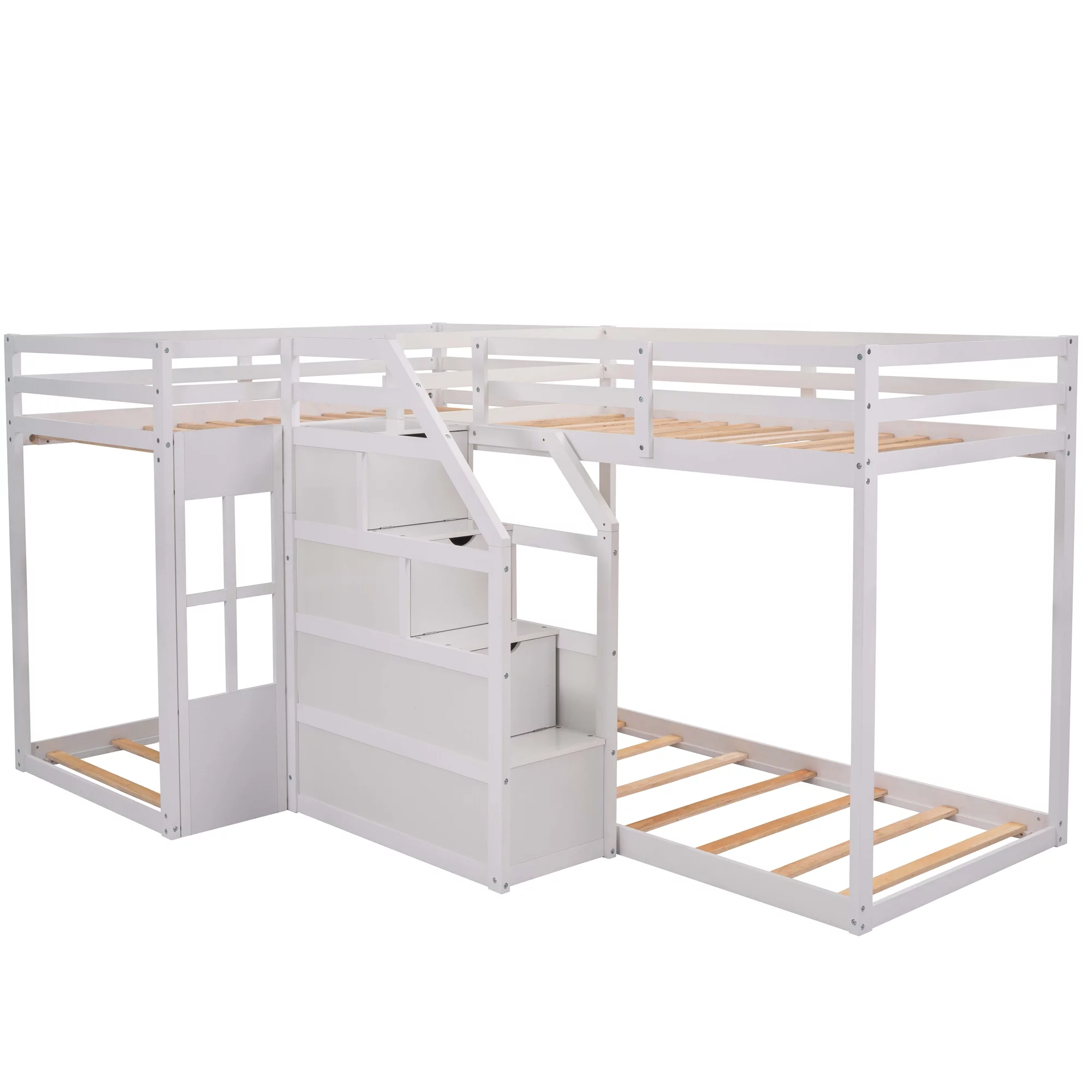 EUROCO Twin over Twin L-Shaped Bunk Bed with Middle Staircase, White