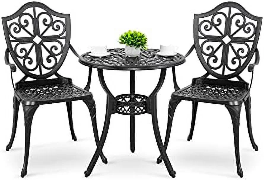 xrboomlife Bistro Set 3 Piece Outdoor  Cast Aluminum Patio Bistro Sets with Umbrella Hole and Green Cushions  Bistro Table and Chairs Set of 2 for Patio Backyard  Black