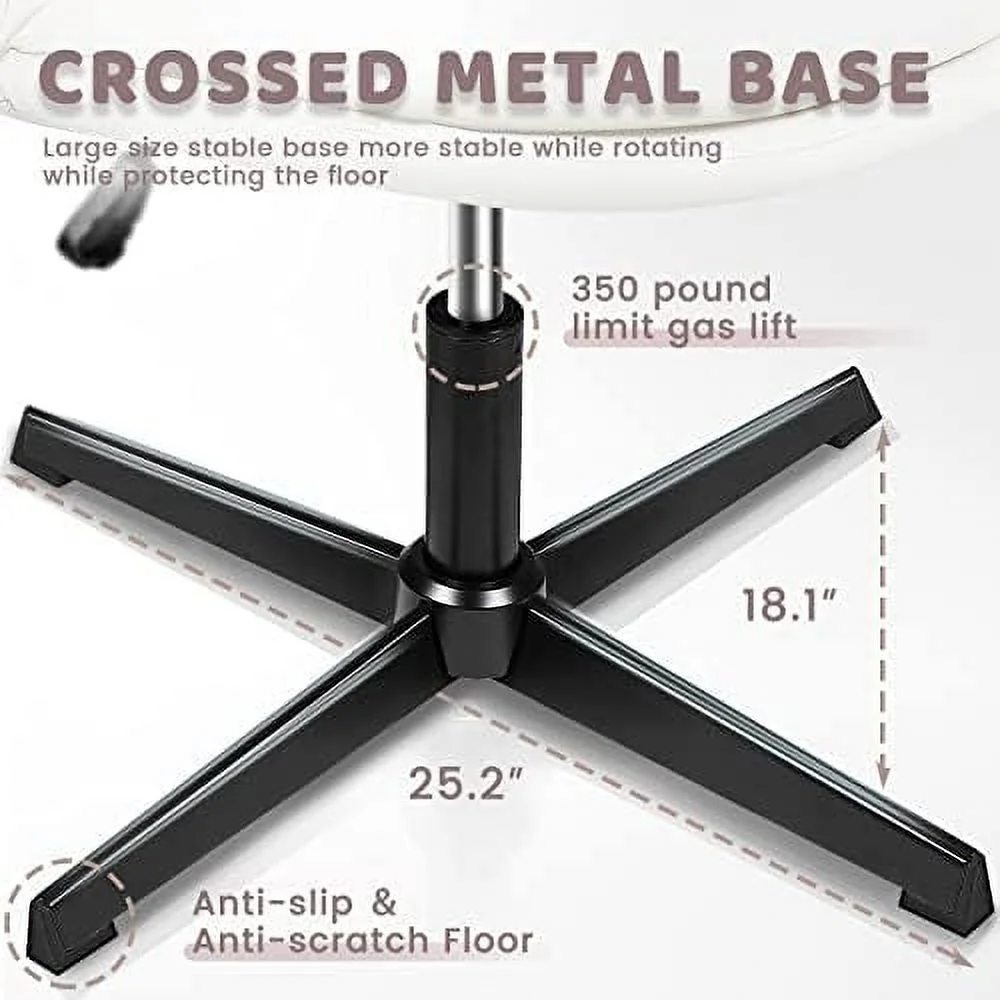 SJOINMB PU-Padded Armless Office Desk Chair No Wheels High-Back Wide Seat Home Chair 120° Rocking Cross Legged Computer Task Chairs Modern Adjustable Swivel Vanity Chairs (White)