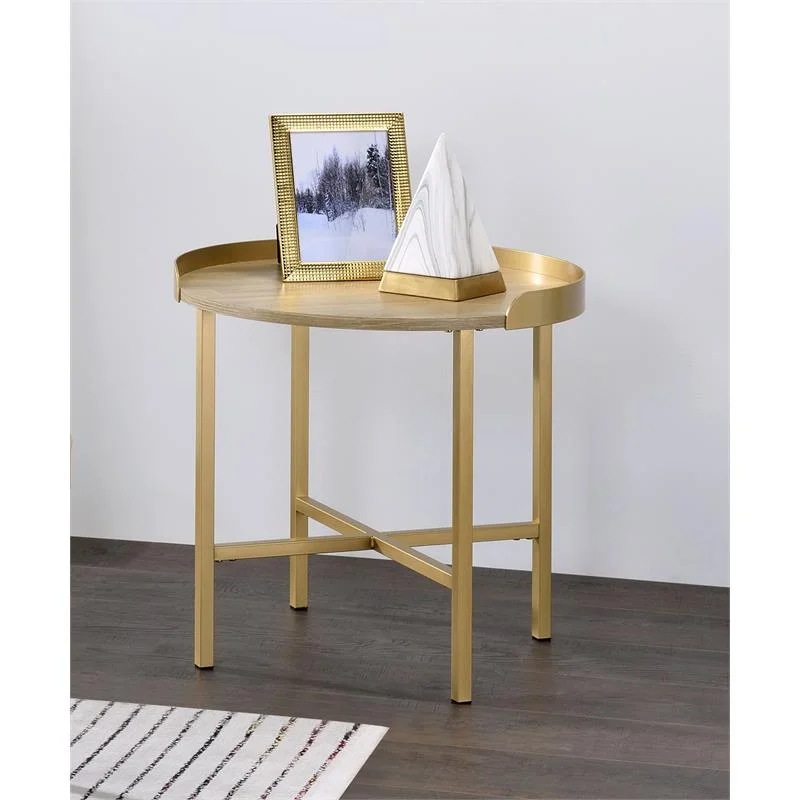 Bowery Hill Round Wooden Top End Table with Cross Bar Base in Oak and Gold