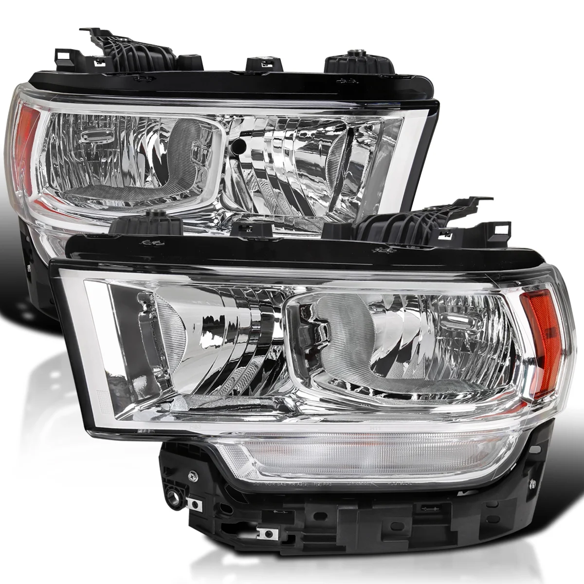 Spec-D Tuning Chrome Housing Clear Lens Halogen Headlights with Amber Reflector Compatible with Dodge Ram 2500 3500 2019-2022 Left+Right