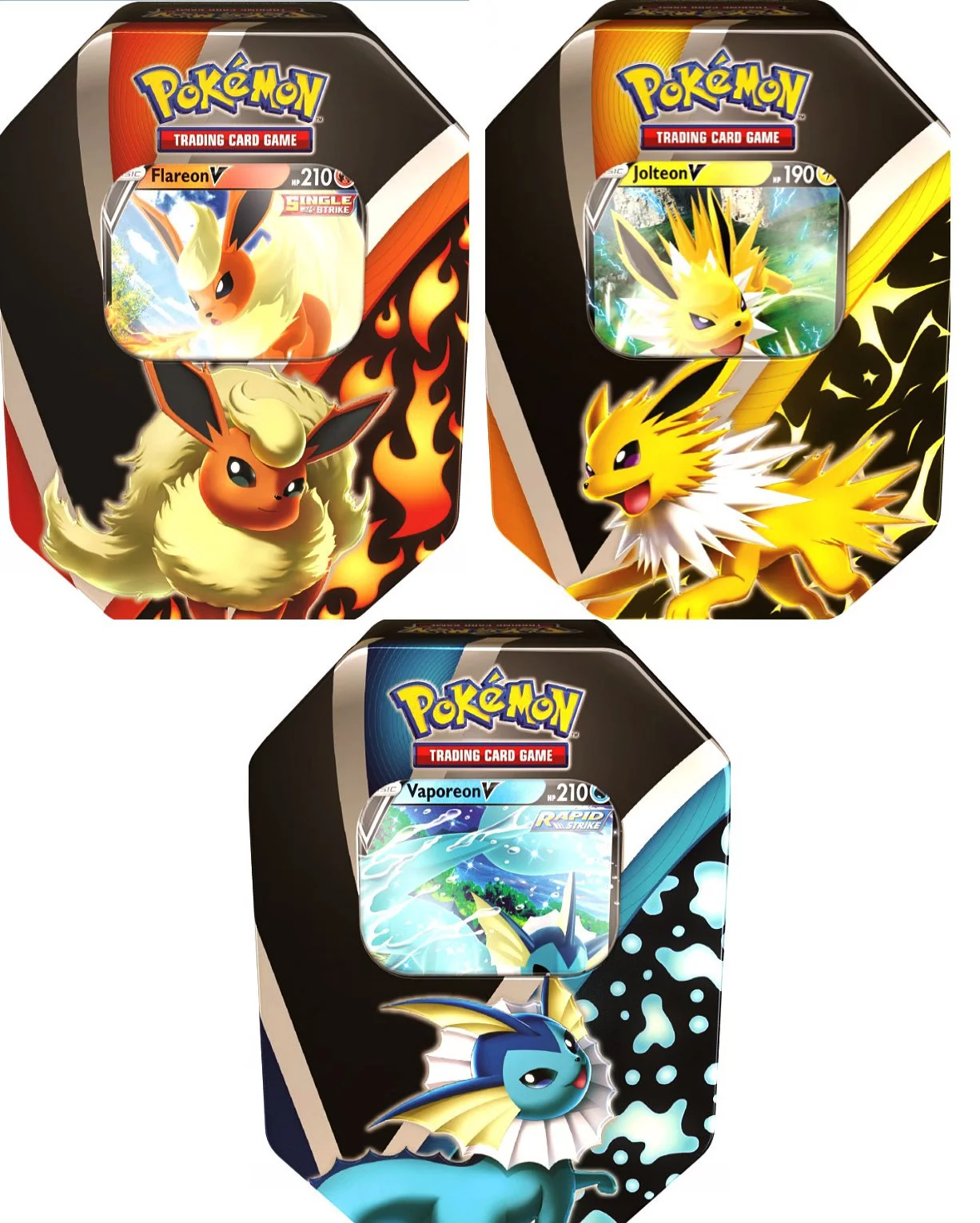 Pokemon Eevee Evolutions Jolteon V, Flareon V & Vaporeon V Set of 3 Tins