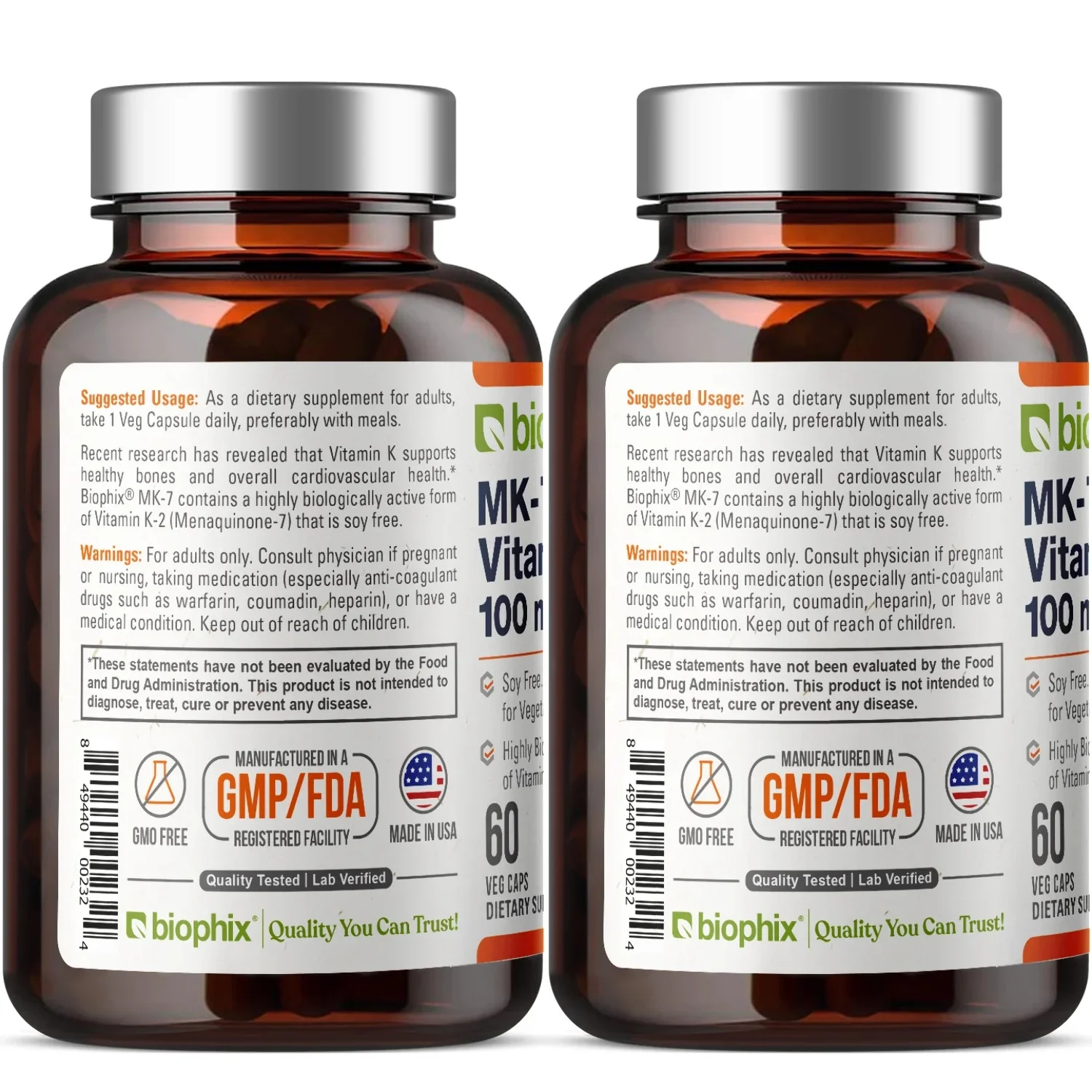 Vitamin K-2 MK-7 High-Potency 100 mcg 60 Vegetarian Capsules - 2 Pack