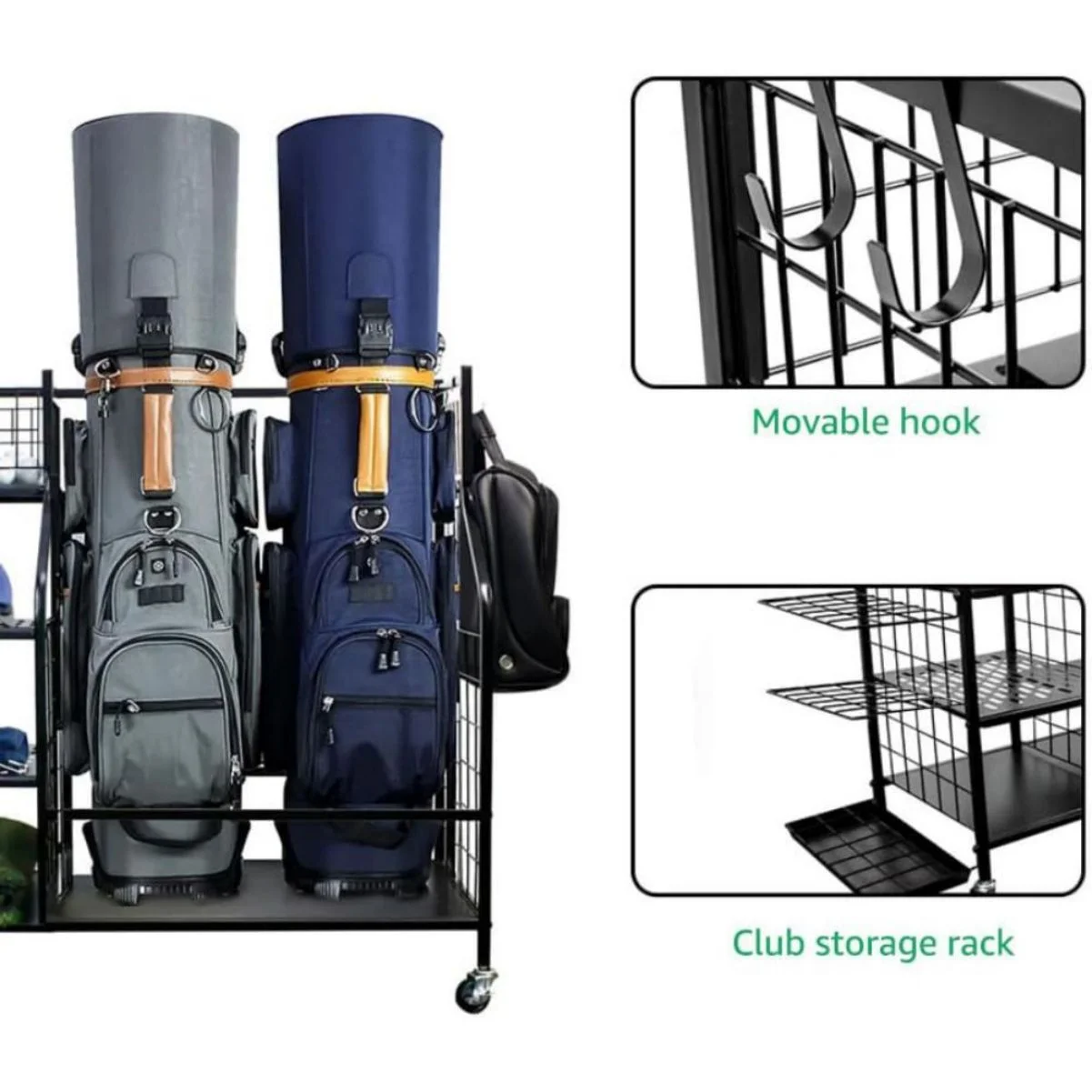 WSYW Golf Bag Organizer, Golf Bag Storage Rack Fit for 2 Golf Bags, 21 Golf Clubs, Balls, and Accessories with Lockable Wheels Organizer