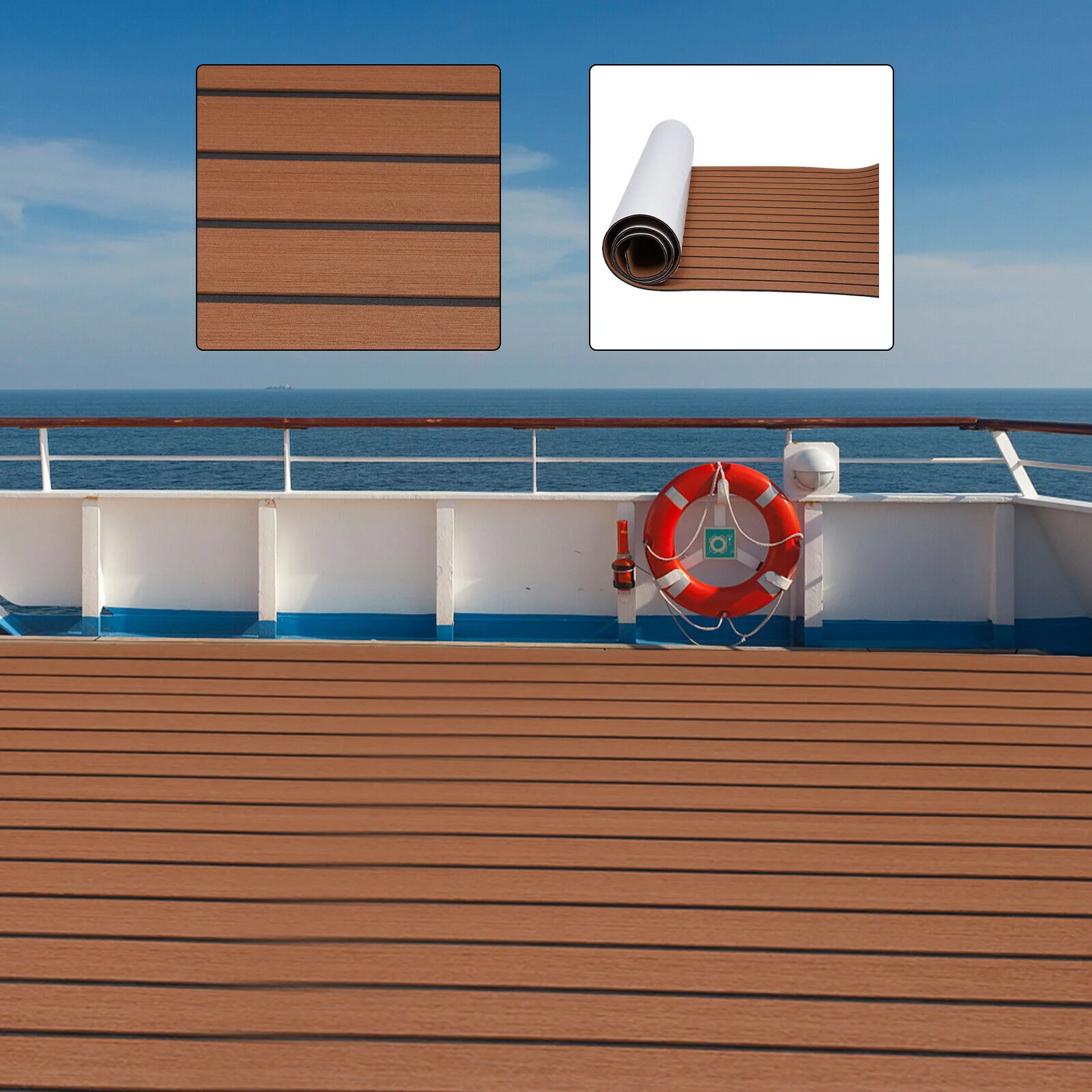 ZhdnBhnos EVA Foam Faux Teak Marine Boat Decking Sheet Yacht RV Flooring Mat Carpet Non-Skid Self-Adhesive Pad (Brown with Black Stripes, 106''x35'')