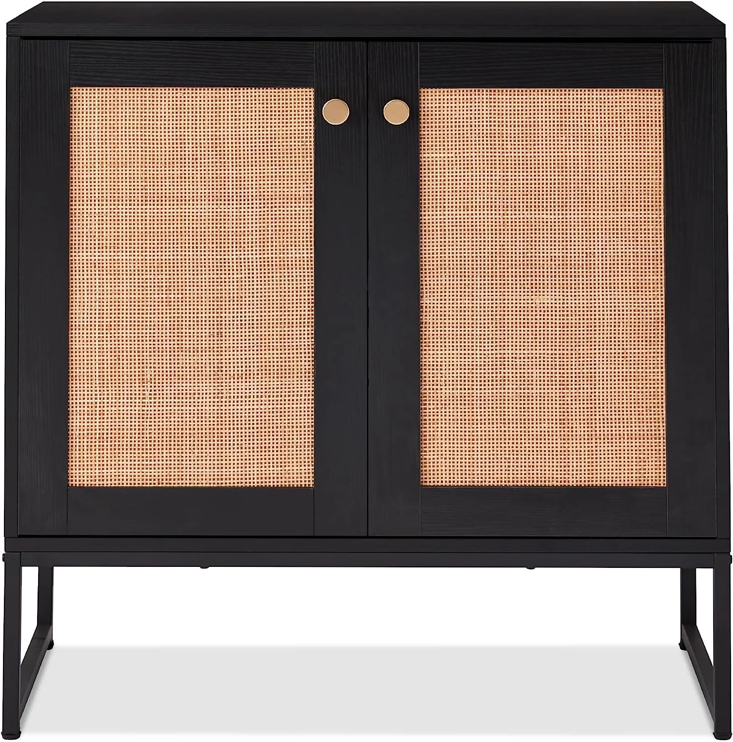 2-Door Rattan Storage Cabinet, Accent Furniture, Multifunctional Cupboard for Living Room, Hallway, Kitchen, Sideboard, Buffet Table w/Non-Scratch Foot Pads - Black