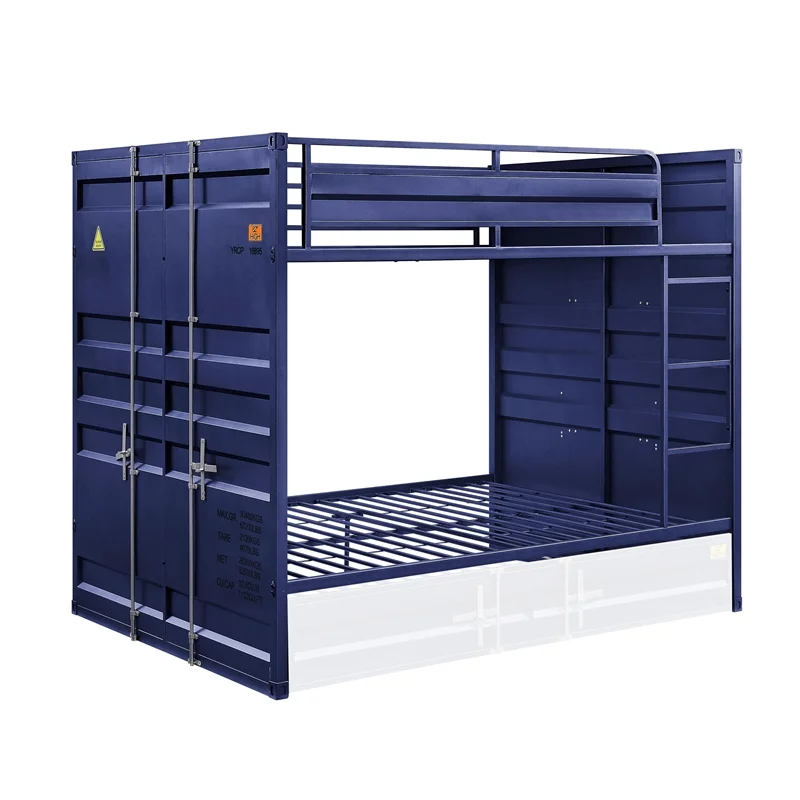 Bowery Hill Full over Full Bunk Bed with Built-In Ladder in Blue Metal