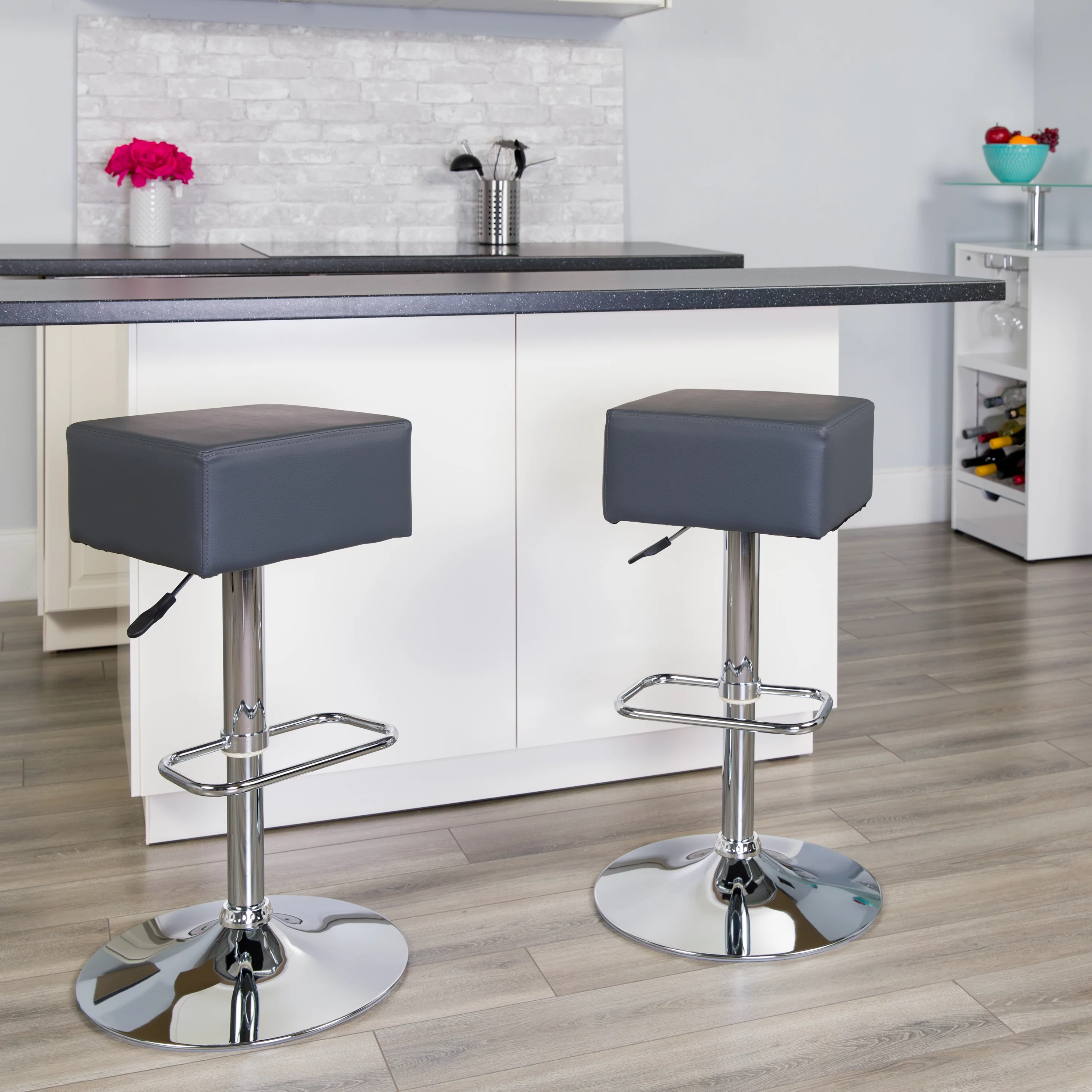 Flash Furniture 2 Pk. Contemporary Gray Vinyl Adjustable Height Barstool with Square Seat and Chrome Base