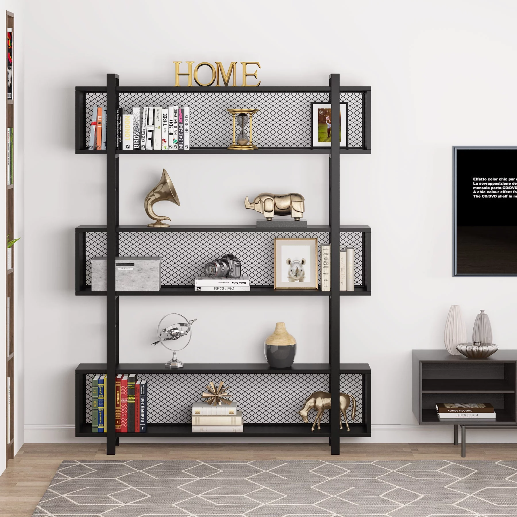 Modern 5-Tier Bookshelf Industrial Wide Bookcase Rustic Wood and Metal Standing Bookshelf