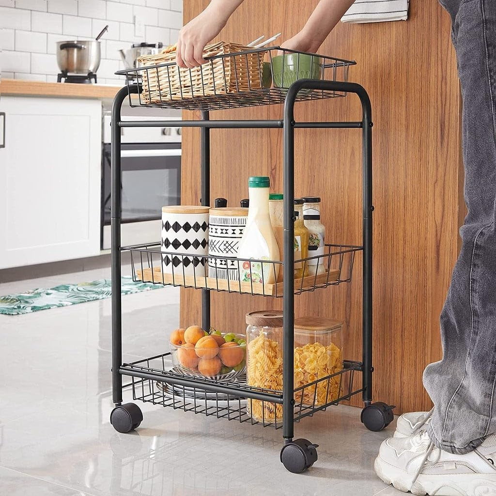 SONGMICS 3-Tier Metal Rolling Storage Cart with Removable Baskets, Utility Cart, Modern, Home, Black