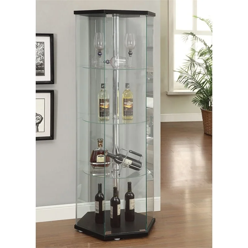 Pemberly Row Hexagonal Contemporary Glass Curio Cabinet in Black