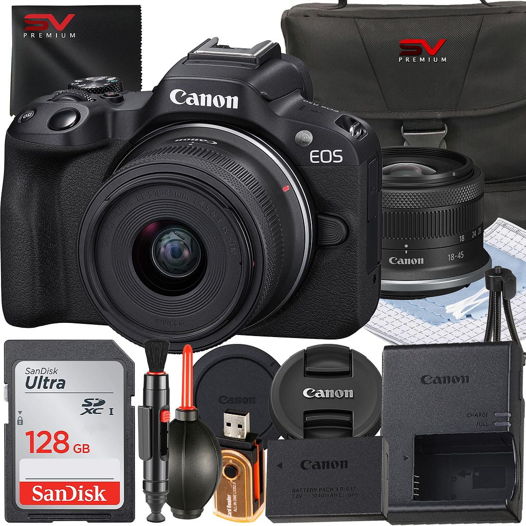 Canon EOS R50 Mirrorless Camera with RF-S 18-45mm Lens + SanDisk 128GB Memory Card + Case + SV Premium Accessory Bundle