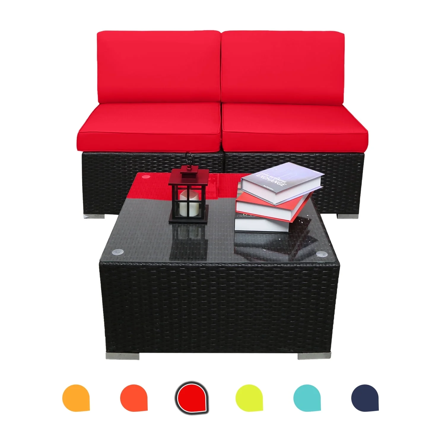 Red 3-Piece Rattan Woven Leisure Chair Set，With Tempered Glass Table，Outdoor Wicker Furniture Conversation Set Patio Furniture，Suitable for Restaurants or Backyard Lawn Balconies