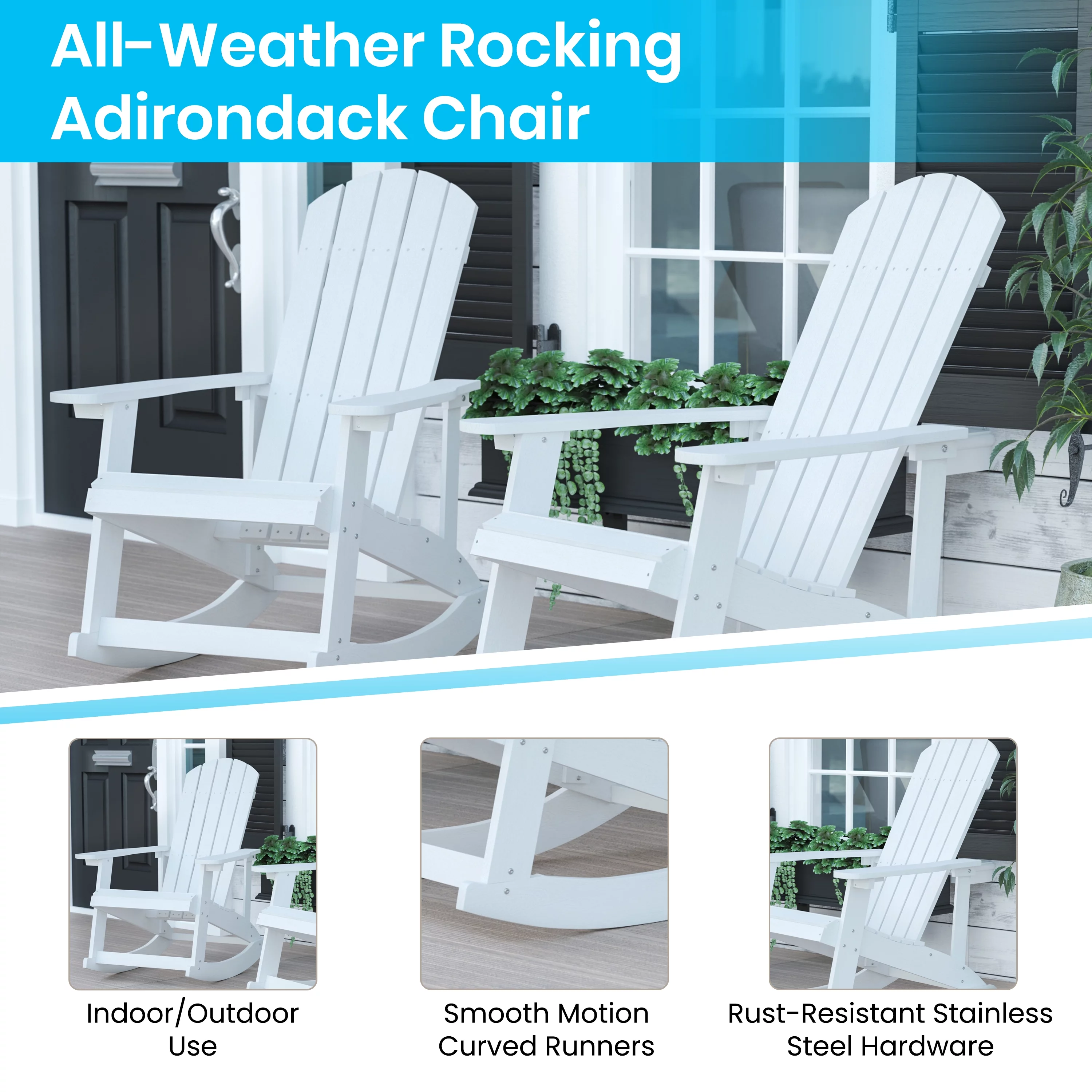 Merrick Lane 3 Piece Adirondack Patio Furniture Set Includes 2 White All-Weather Rocking Chairs and Side Table