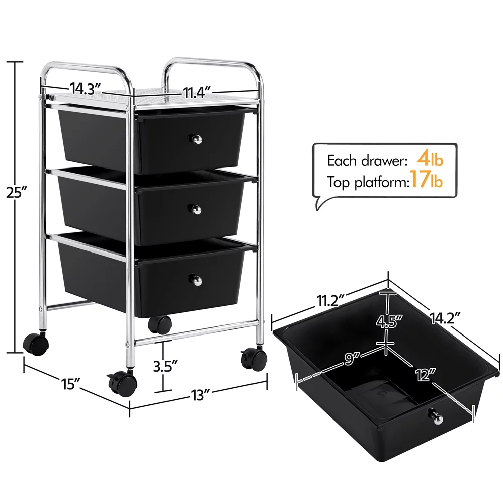 SmileMart 3 Drawer Rolling Storage Cart Organizer with Lockable Wheels, Black
