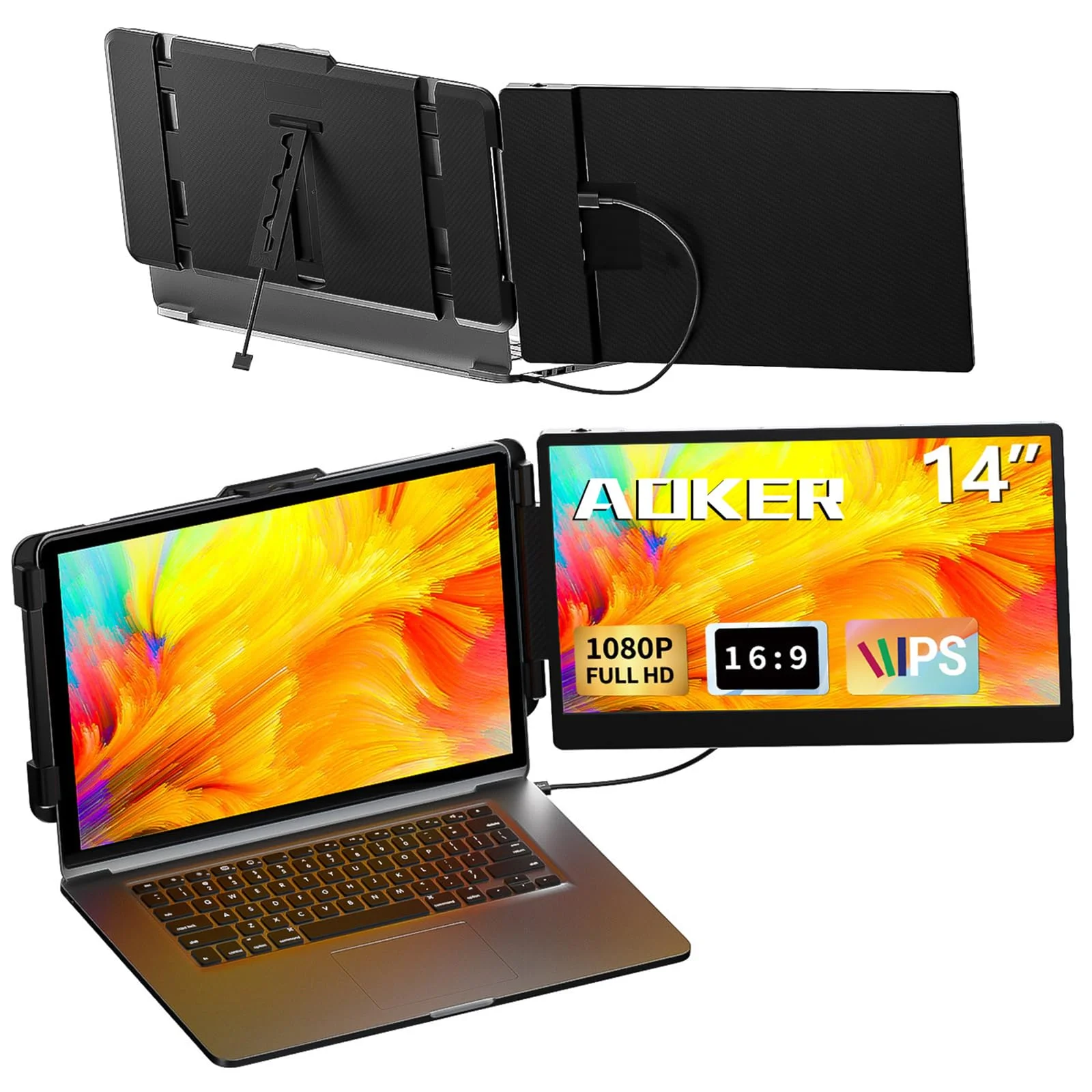 Laptop Screen Extender Monitor - 14 Inch Portable IPS FHD 1080P HDMI/USB-A/Type-C Dual Extended Monitor for Laptops (Maximum Length: 15.94
