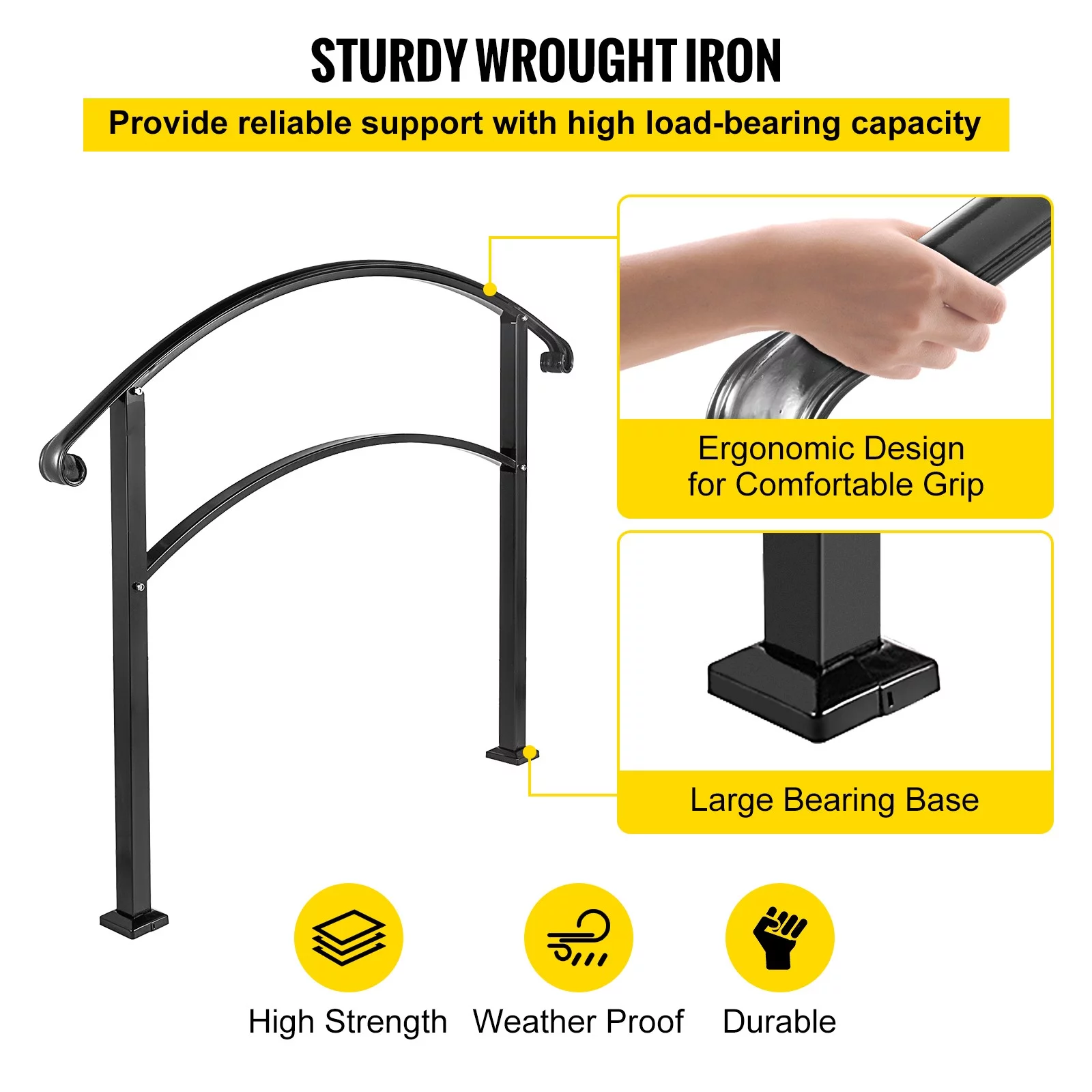BENTISM 5FT Adjustable Wrought iron Transition Handrail Matte Black Fits 5 Steps