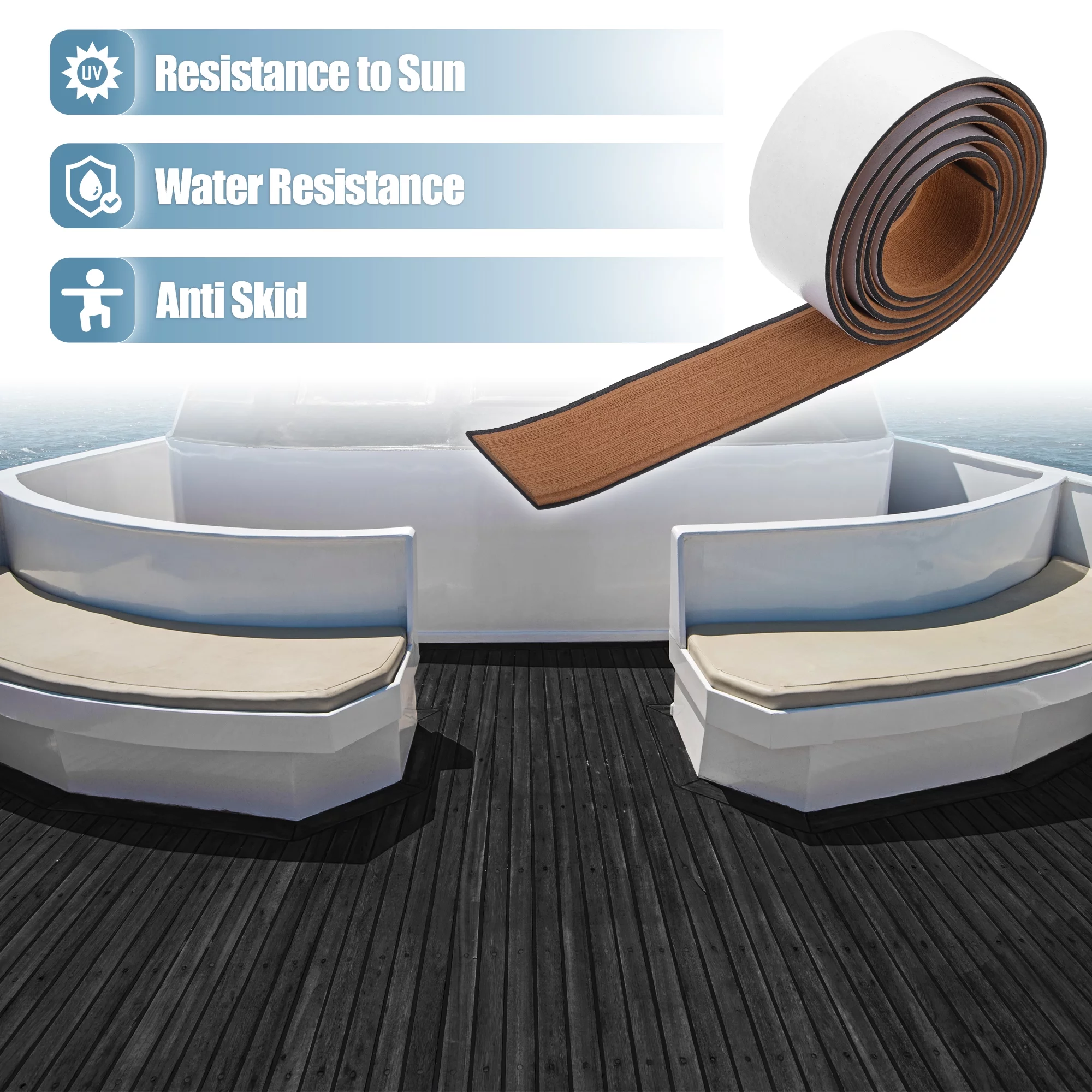 78.74''x2.24'' EVA Faux Teak Decking Sheet Mat Self-Adhesive for Boat Yacht Marine Deck Pad Brown Black