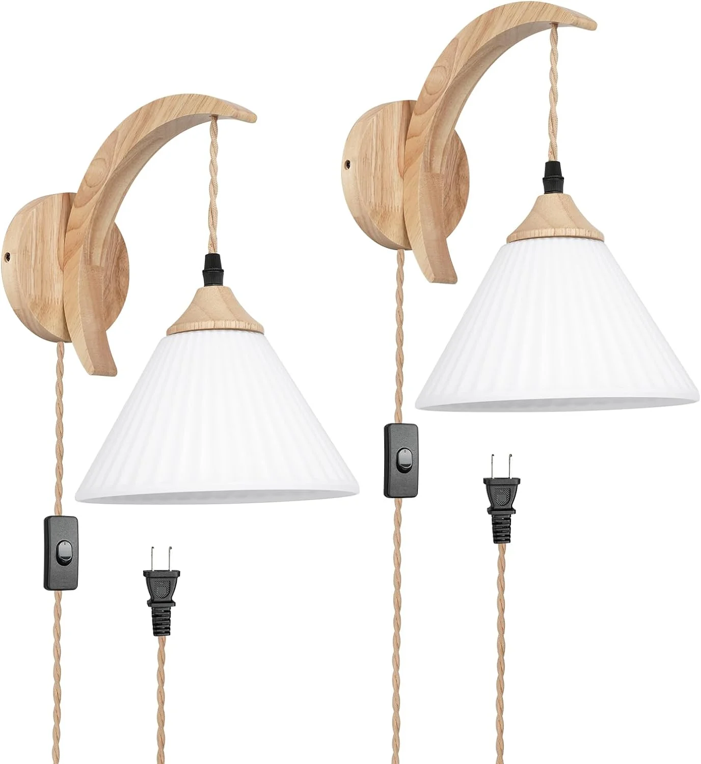 Frideko Glass Wall Sconces Set of Two Plug in Wood Wall Lamp with Unique Glass Lampshade Modern Plug in Wall Light Fixtures Indoor Wall Mounted Lamp Boho Sconces Wall Lighting for Bedroom Living Room