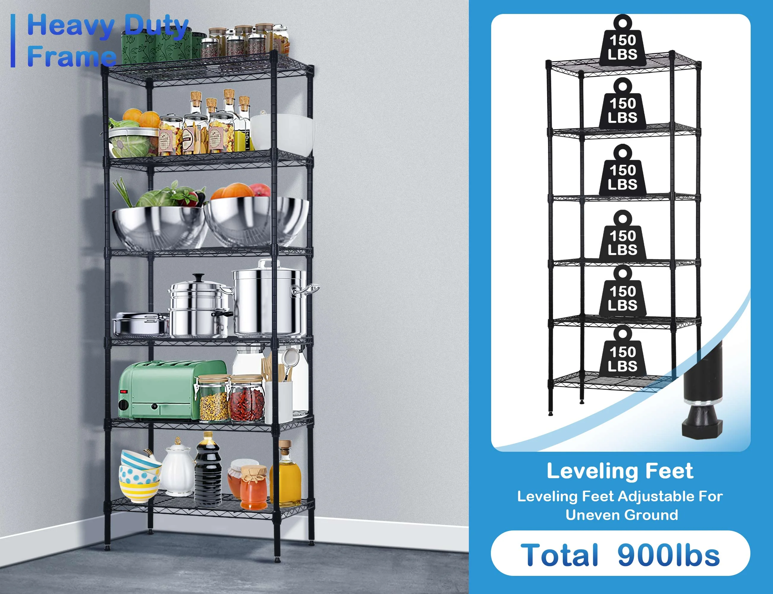 Separable 6 Tier Wire Shelving Unit, Adjustable One 6 Shelves Shelving Unit or Two 3 Tier Steel Storage Rack 900lbs Capacity Metal Storage Shelves Heavy Duty for Small Places Kitchen Garage