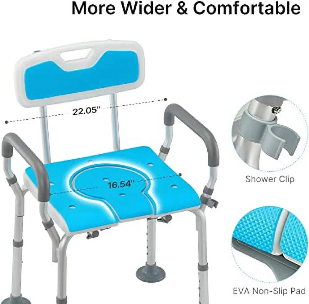 HEAO 3 in 1 Shower Chair Heavy Duty 400LBS, Bath Stool with Arms and Backrest, Padded Shower Seat with Cut Out Opening for Easy Access to Cleanse Intimate Areas (4 Big Suction Cups & 4 Rubber Tips)